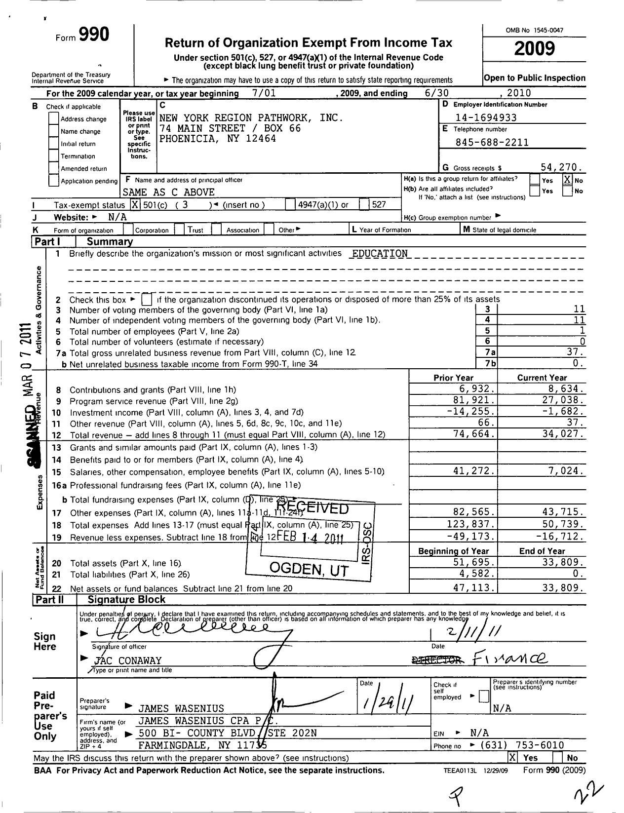 Image of first page of 2009 Form 990 for New York Region Pathwork