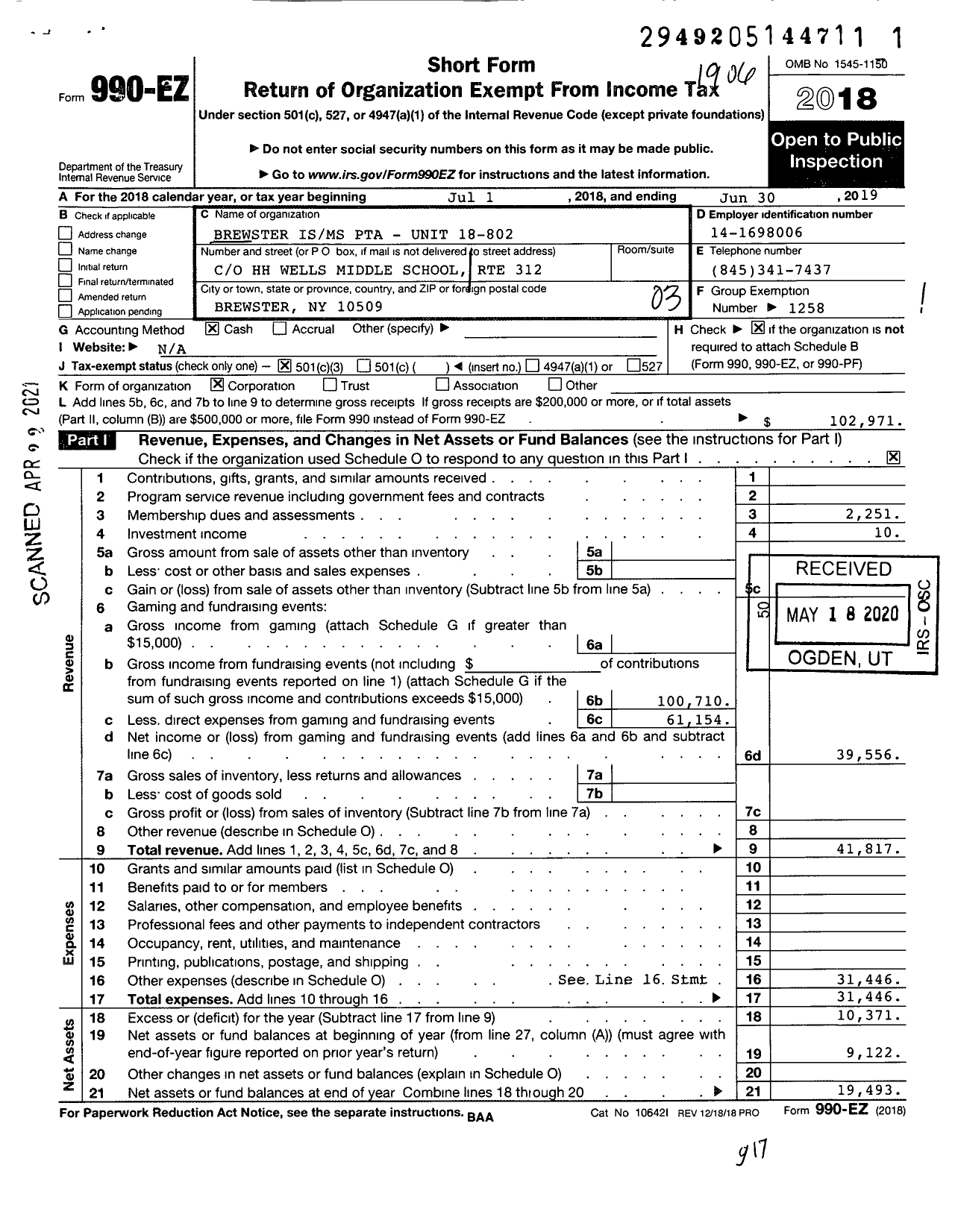 Image of first page of 2018 Form 990EZ for New York State PTA - 18-802 Brewster Intermediate Middle