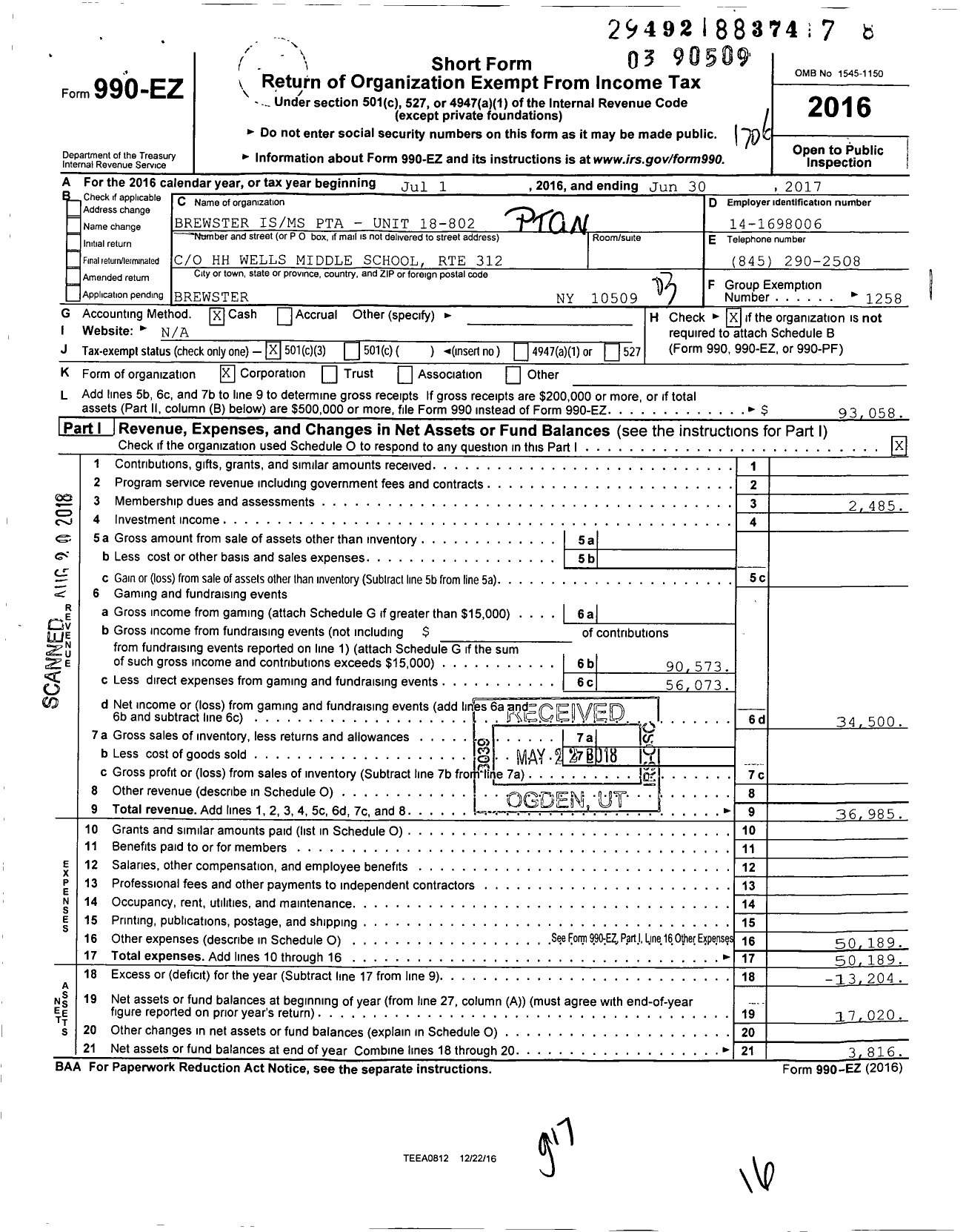 Image of first page of 2016 Form 990EZ for New York State PTA - 18-802 Brewster Intermediate Middle