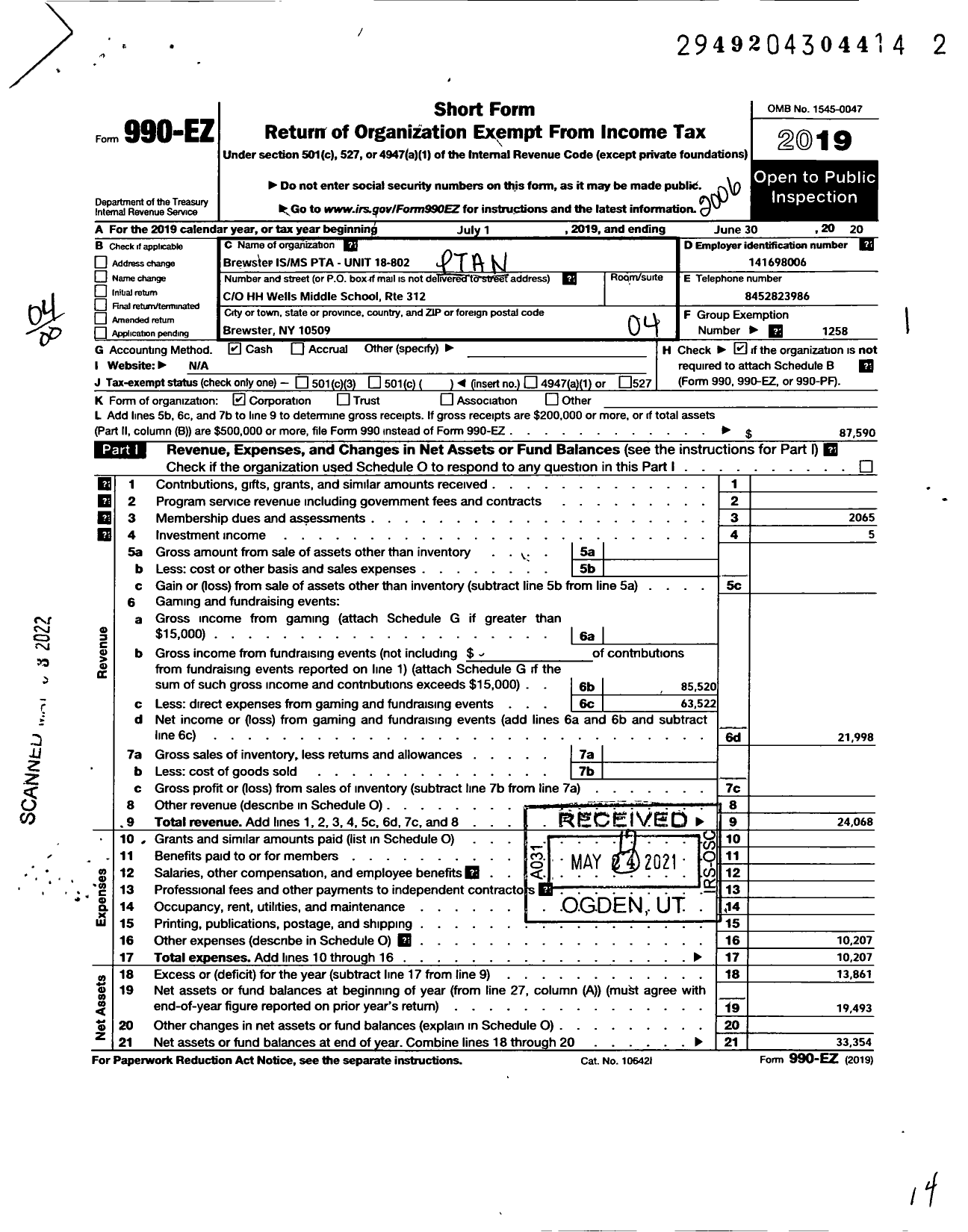 Image of first page of 2019 Form 990EO for New York State PTA - 18-802 Brewster Intermediate Middle