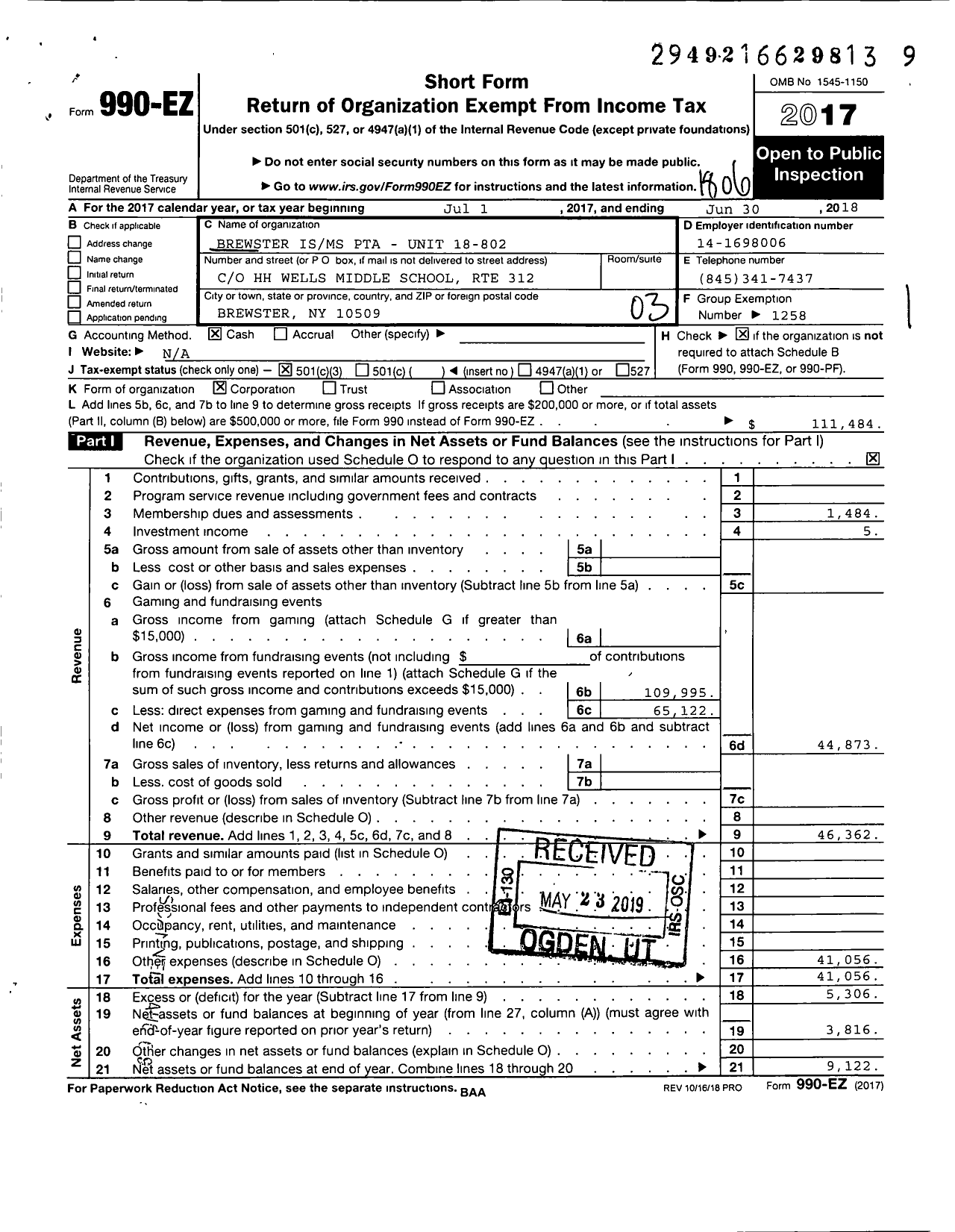 Image of first page of 2017 Form 990EZ for New York State PTA - 18-802 Brewster Intermediate Middle