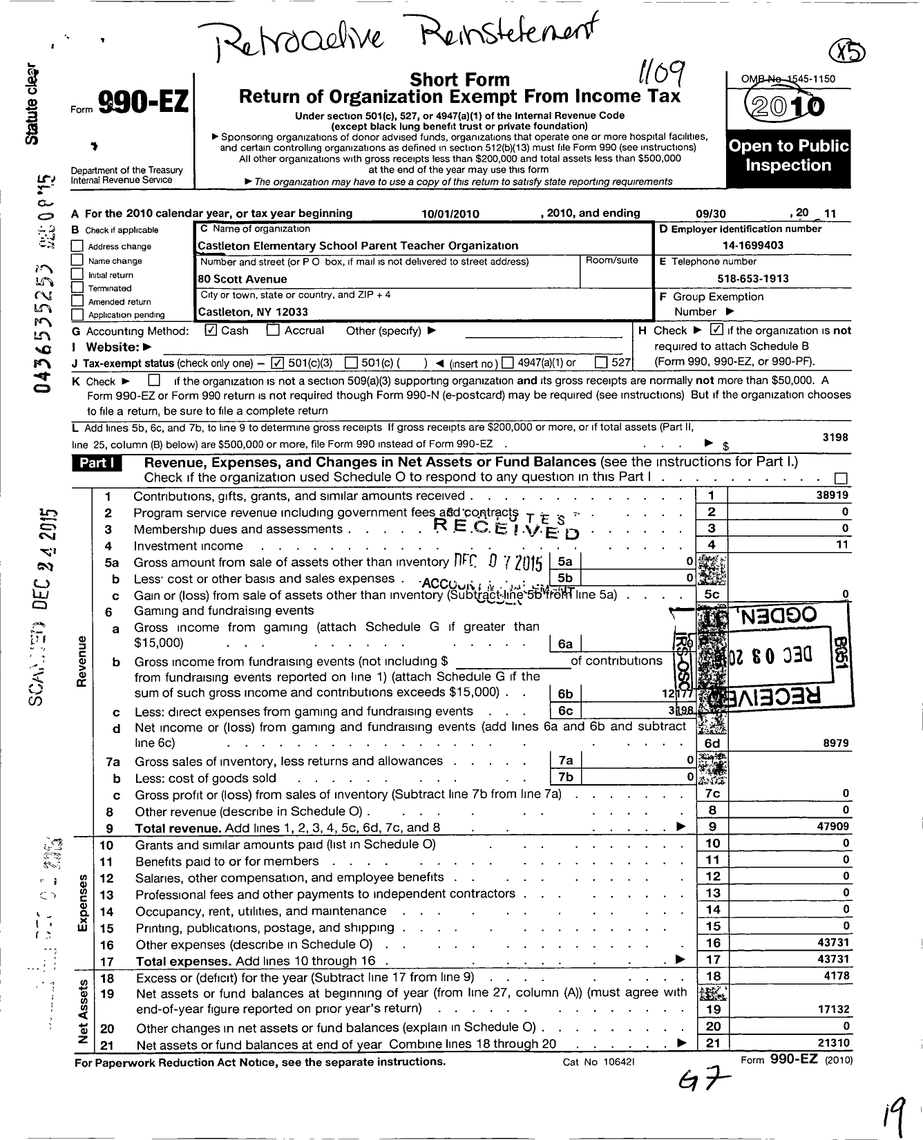 Image of first page of 2010 Form 990EZ for Castleton Elementary School Parent-Teacher Organization