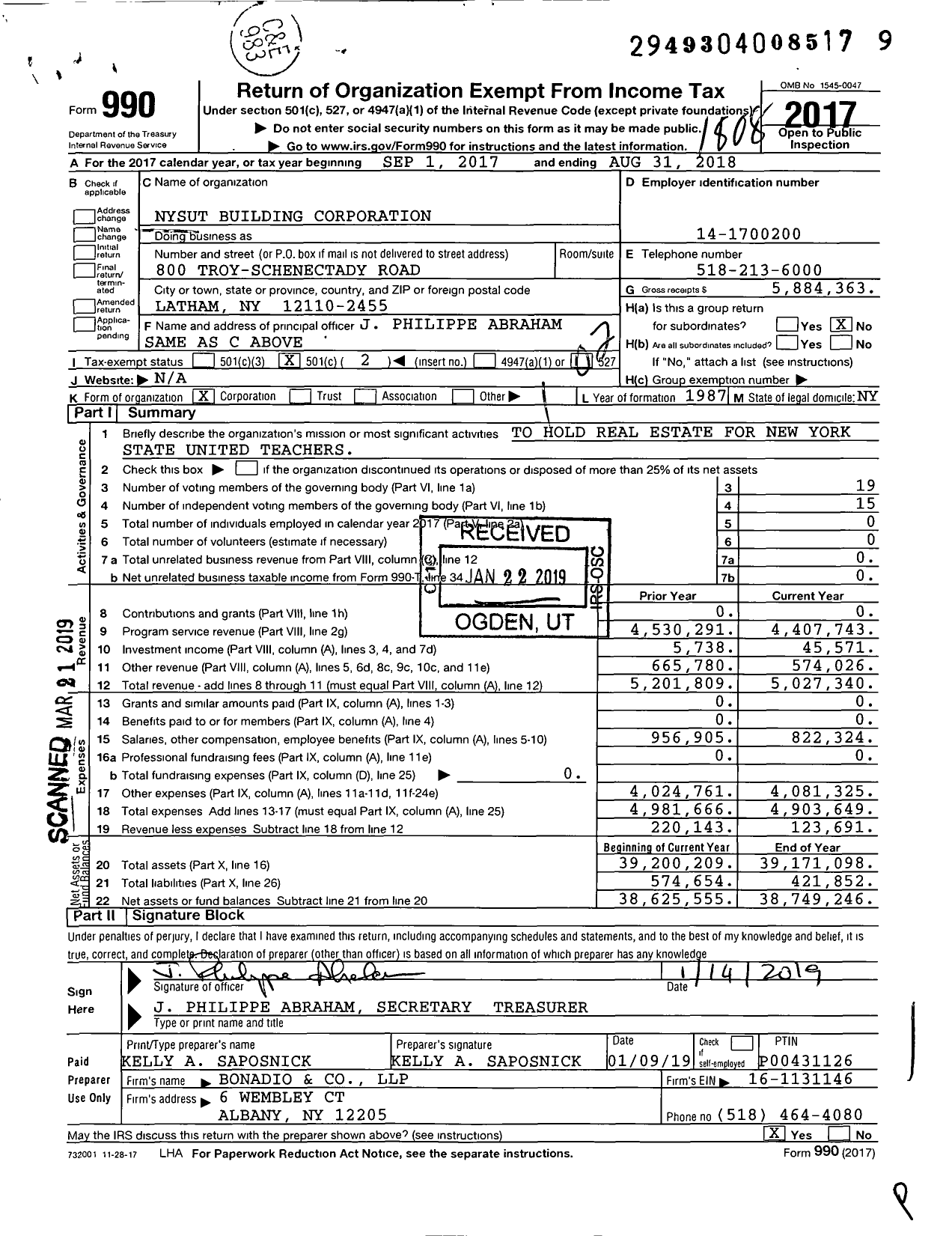 Image of first page of 2017 Form 990O for Nysut Building Corporation