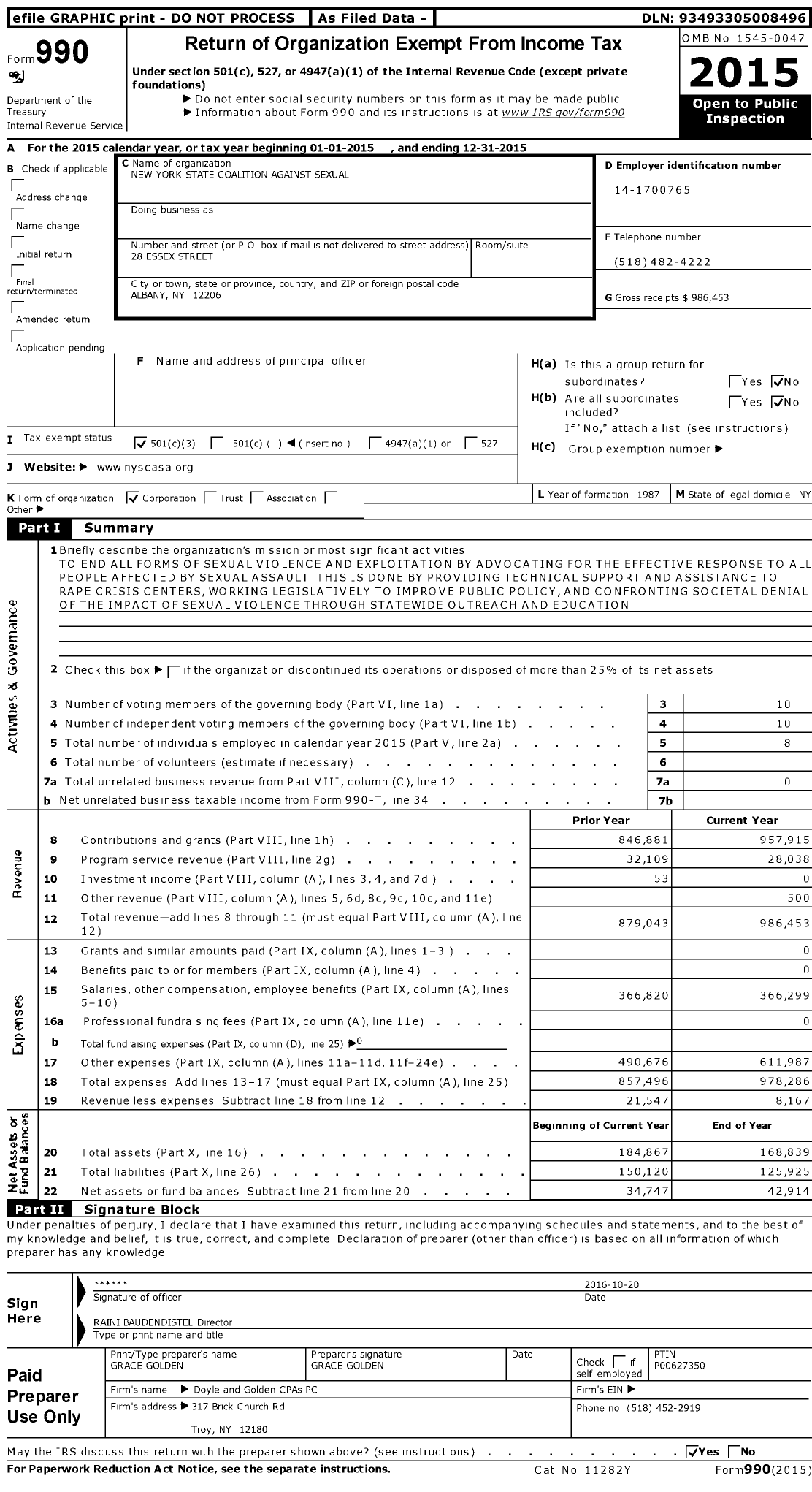 Image of first page of 2015 Form 990 for New York State Coalition Against Sexual Assault