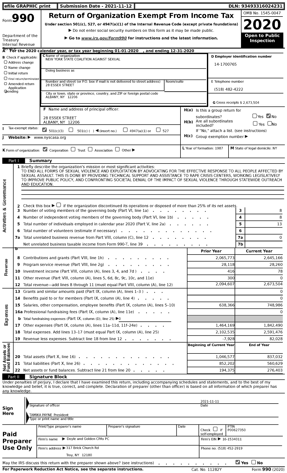 Image of first page of 2020 Form 990 for New York State Coalition Against Sexual Assault