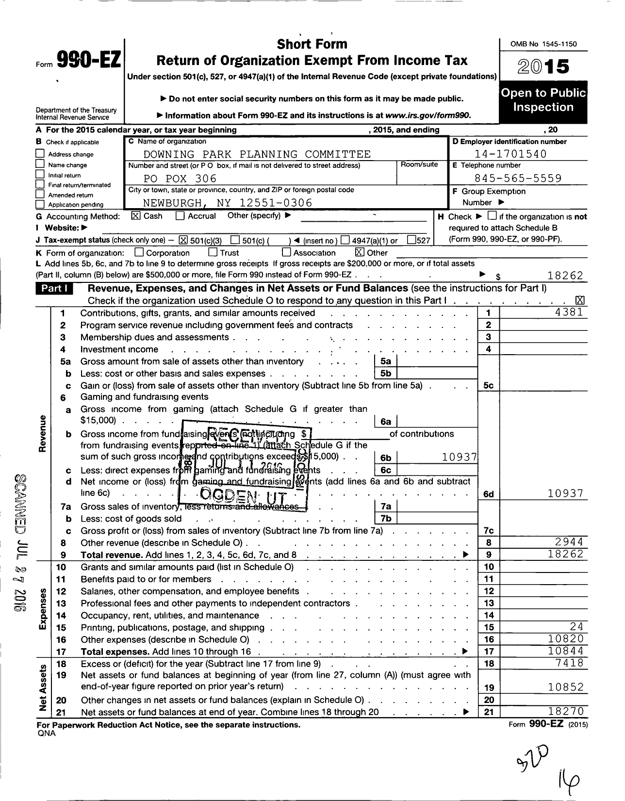 Image of first page of 2015 Form 990EZ for Downing Park Planning Committee (DPPC)