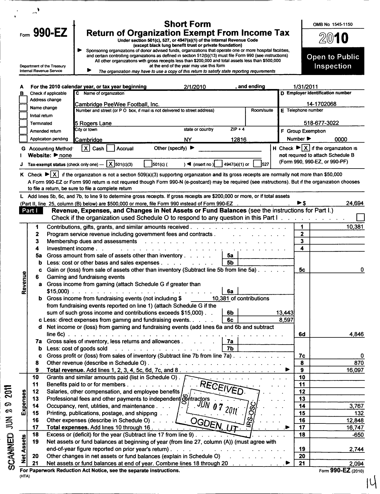 Image of first page of 2010 Form 990EZ for Cambridge Pee Wee Football