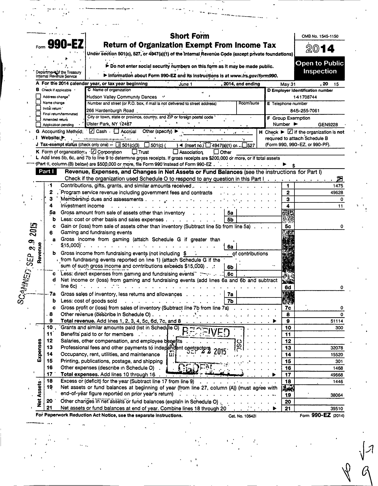 Image of first page of 2014 Form 990EO for Country Dance and Song Society / Hudson Valley Community Dances