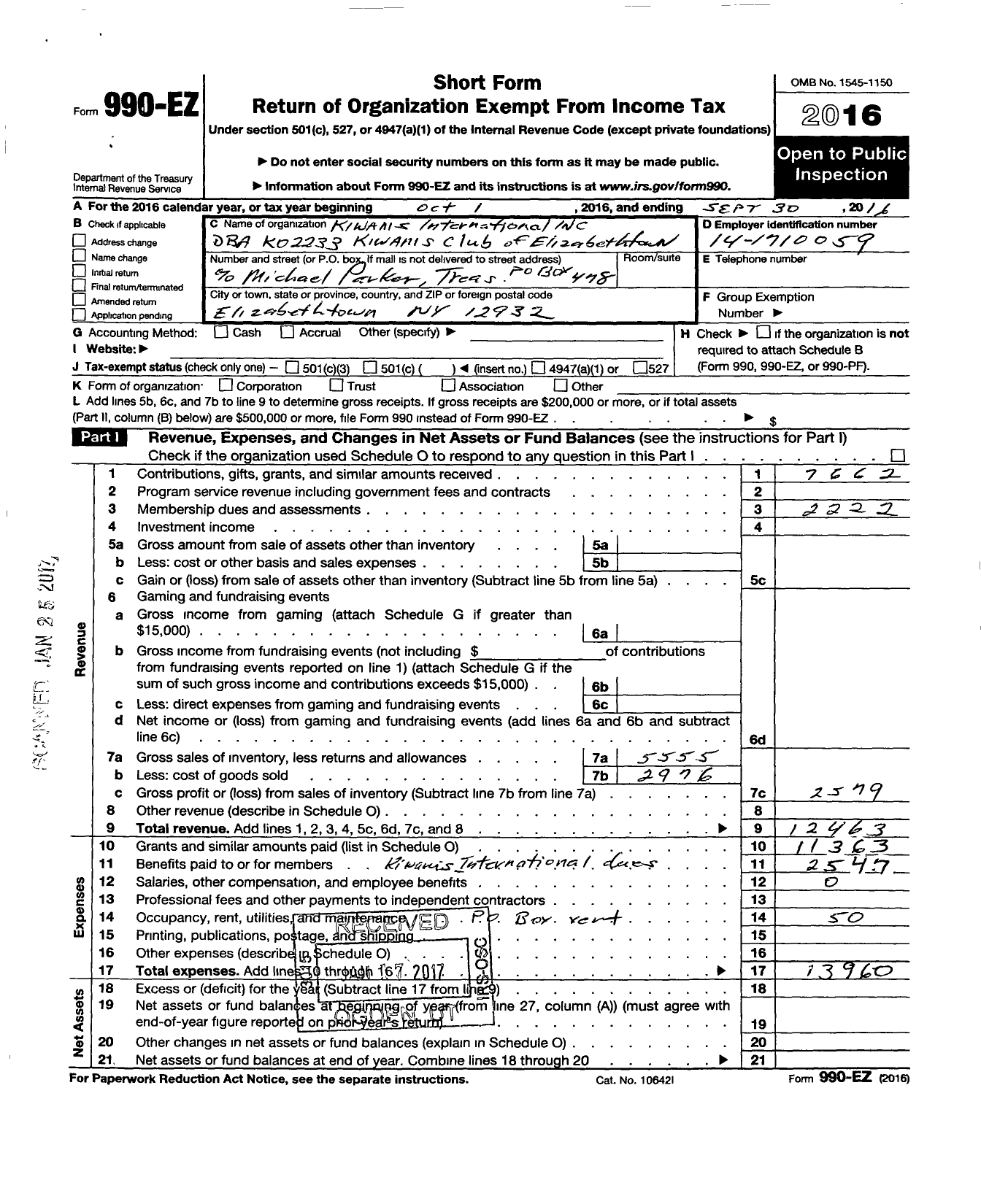 Image of first page of 2015 Form 990EO for Kiwanis International - K02233 Elizabethtown