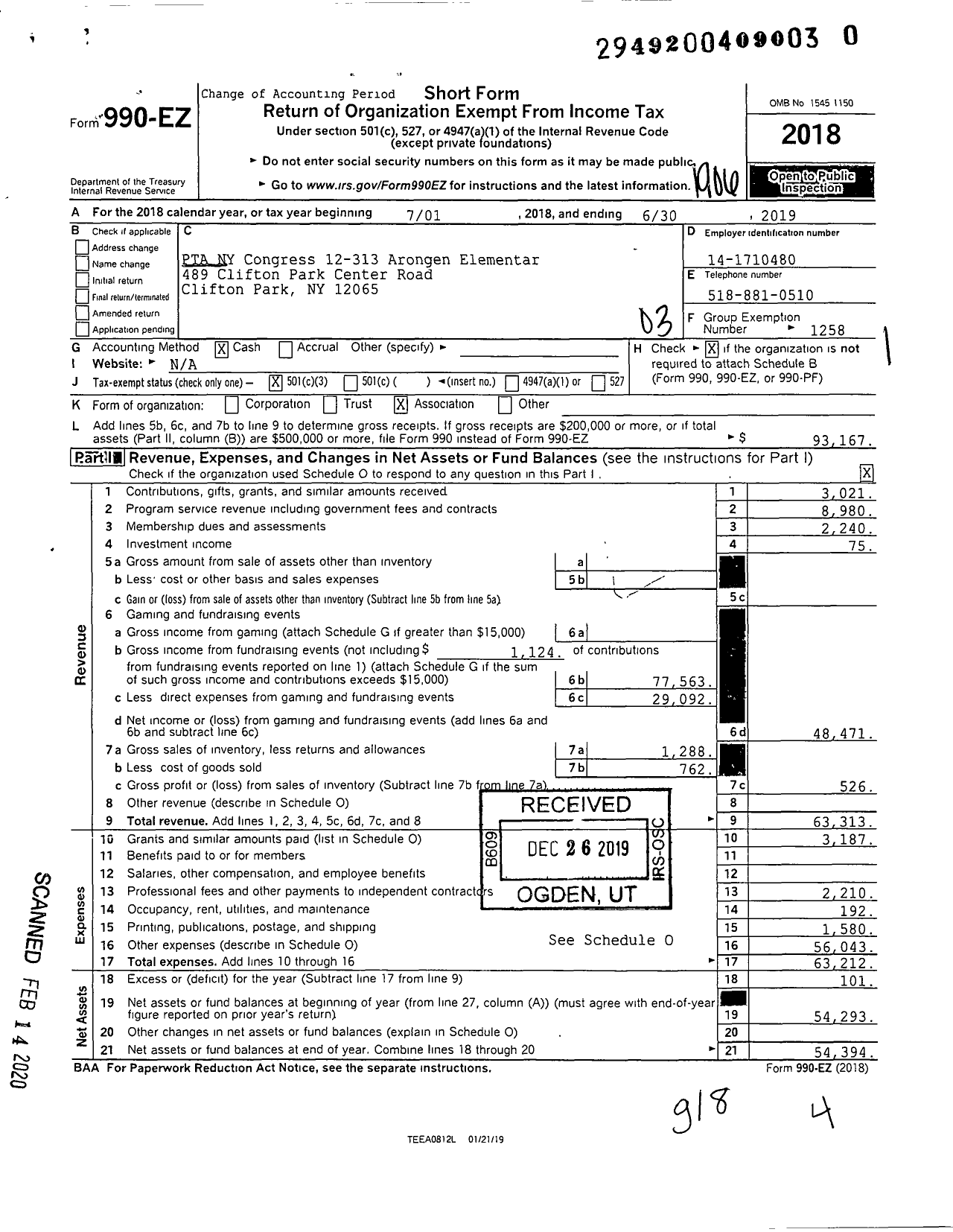 Image of first page of 2018 Form 990EZ for New York State PTA - 12-313 Arongen Elementary PTA