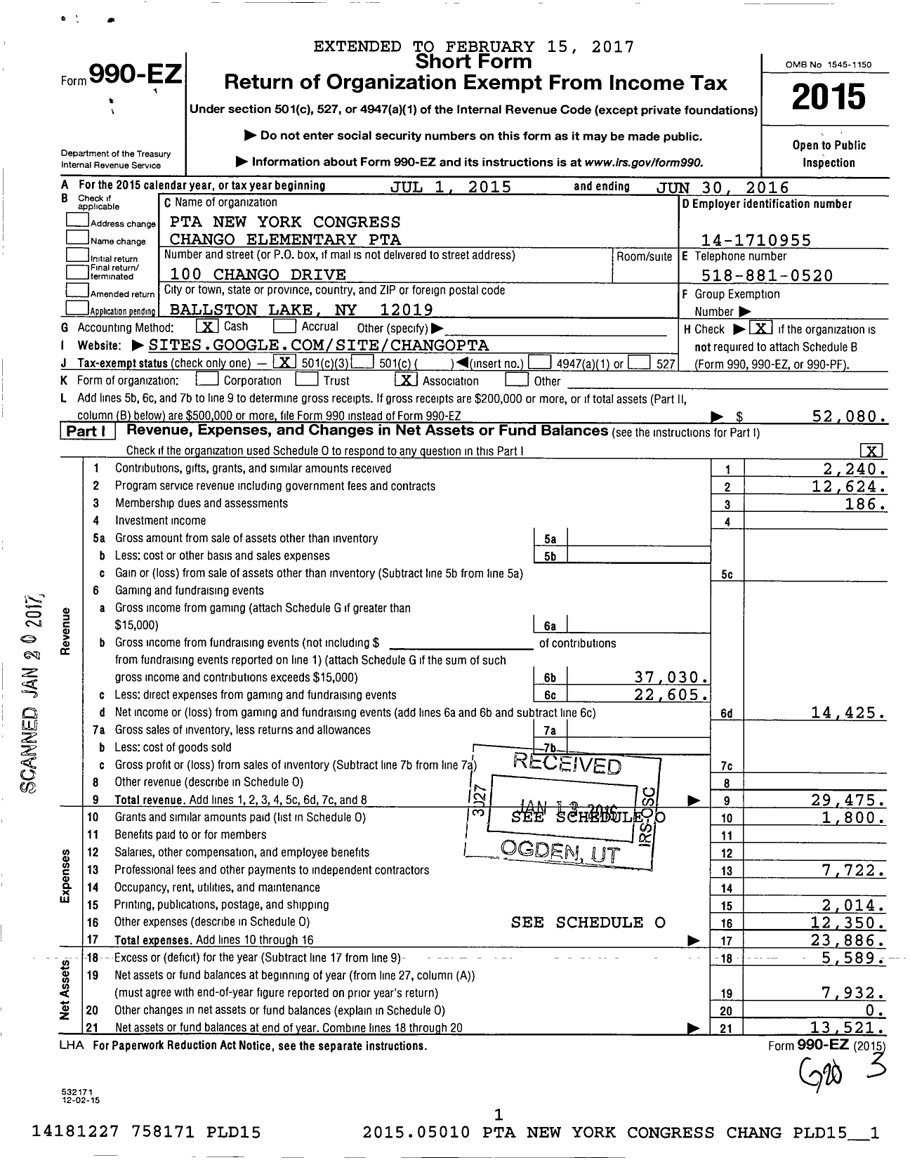 Image of first page of 2015 Form 990EZ for New York State PTA - 12-316 Chango PTA