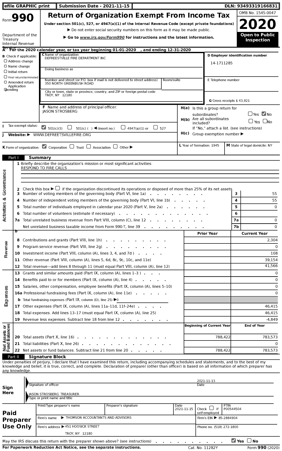 Image of first page of 2020 Form 990 for Defreestville Fire Department