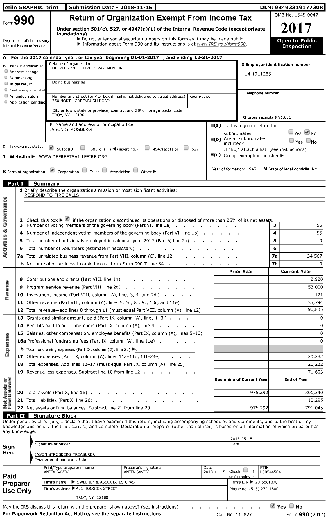 Image of first page of 2017 Form 990 for Defreestville Fire Department
