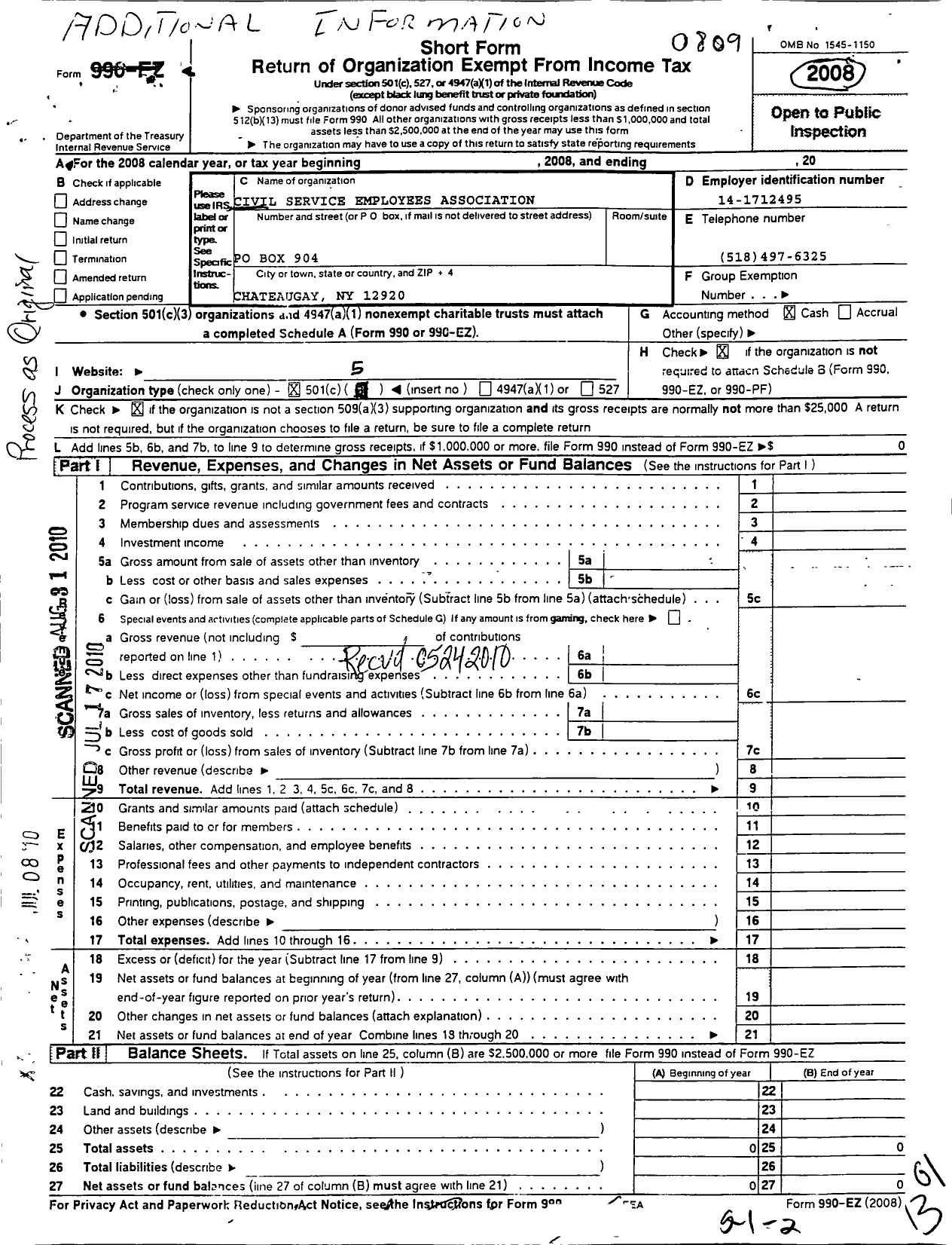 Image of first page of 2007 Form 990EO for Civil Service Employees Association - 0817-685700 Chateaugay CTRL SCH