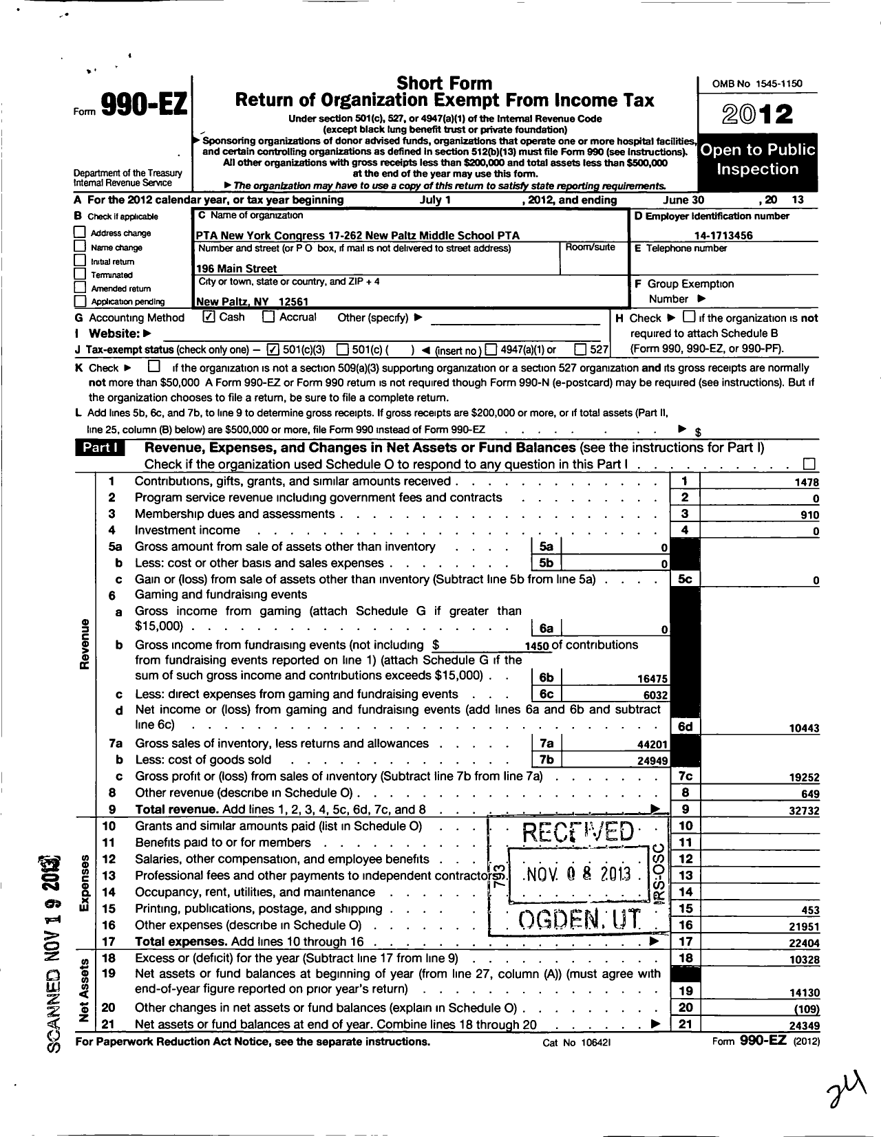 Image of first page of 2012 Form 990EZ for New York State PTA - 17-262 New Paltz Middle School PTA