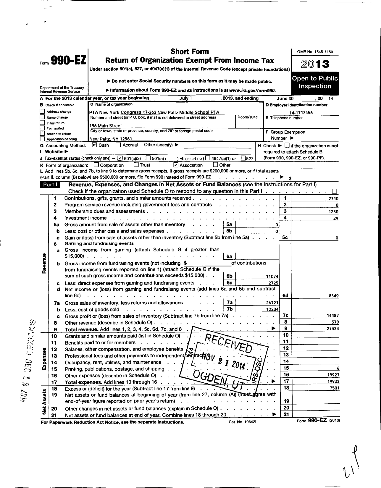 Image of first page of 2013 Form 990EZ for New York State PTA - 17-262 New Paltz Middle School PTA