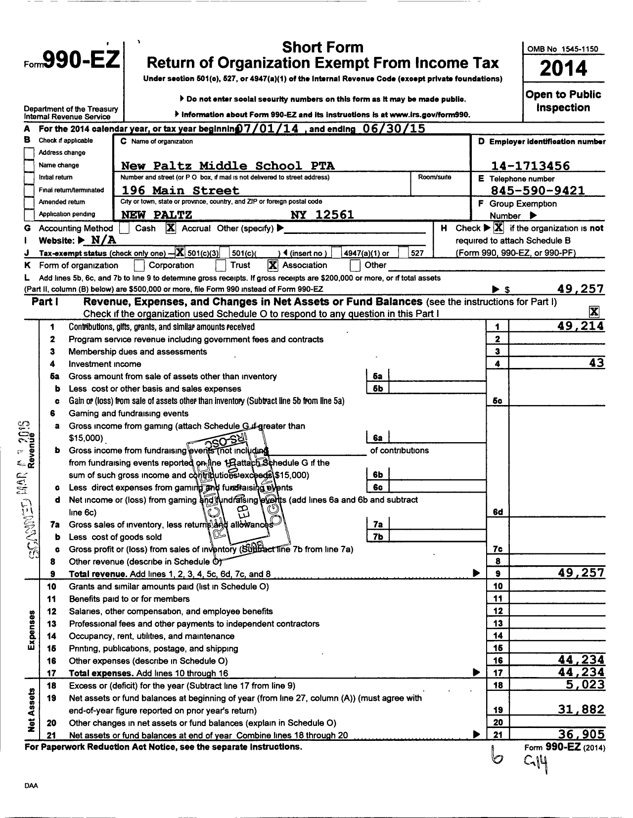 Image of first page of 2014 Form 990EZ for New York State PTA - 17-262 New Paltz Middle School PTA