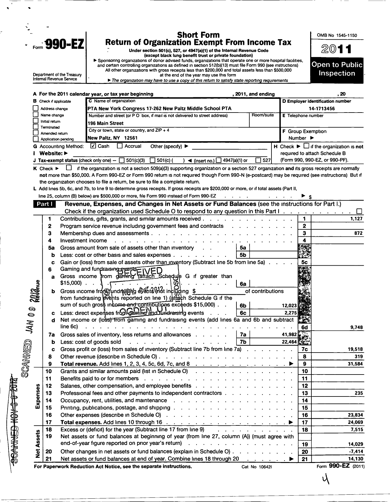 Image of first page of 2011 Form 990EO for New York State PTA - 17-262 New Paltz Middle School PTA