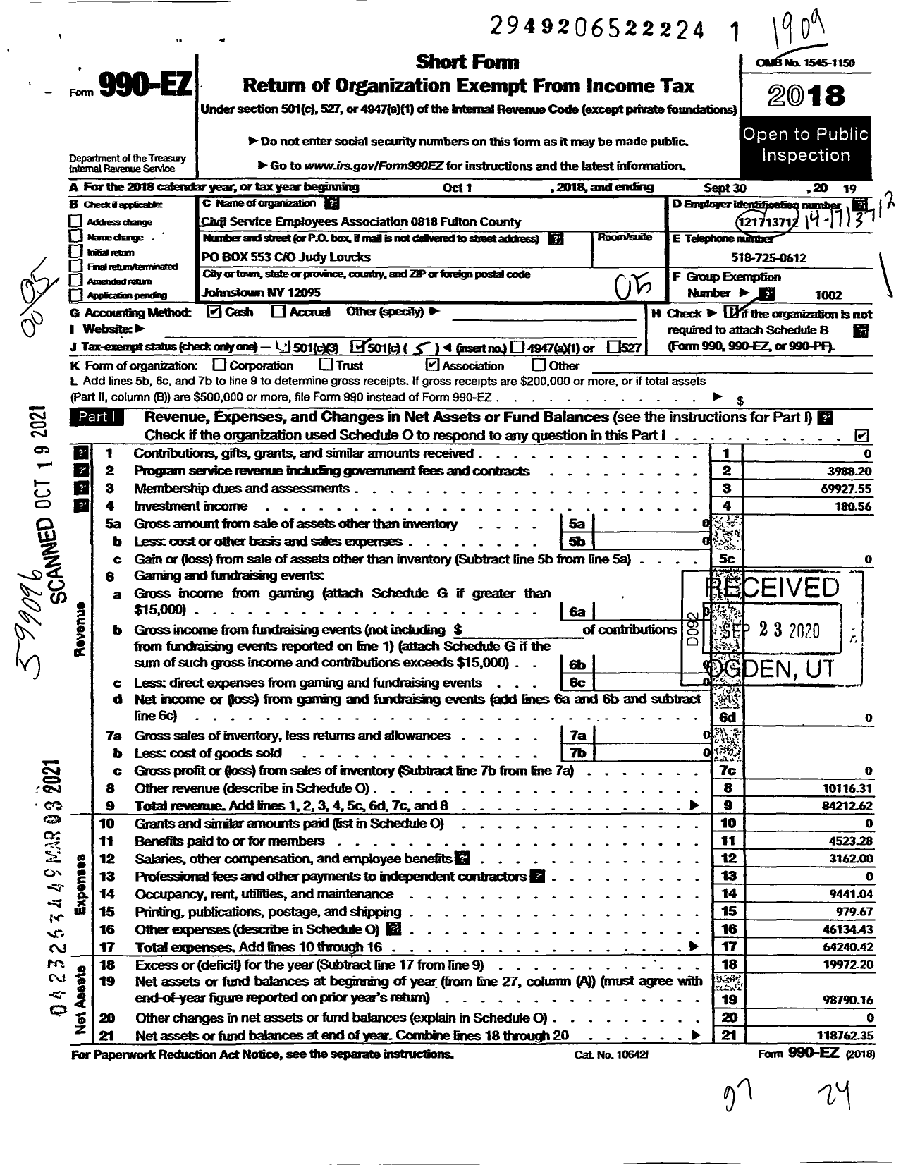 Image of first page of 2018 Form 990EO for CIVIL SERVICE EMPLOYEES ASSOCIATION - 0818 Fulton County