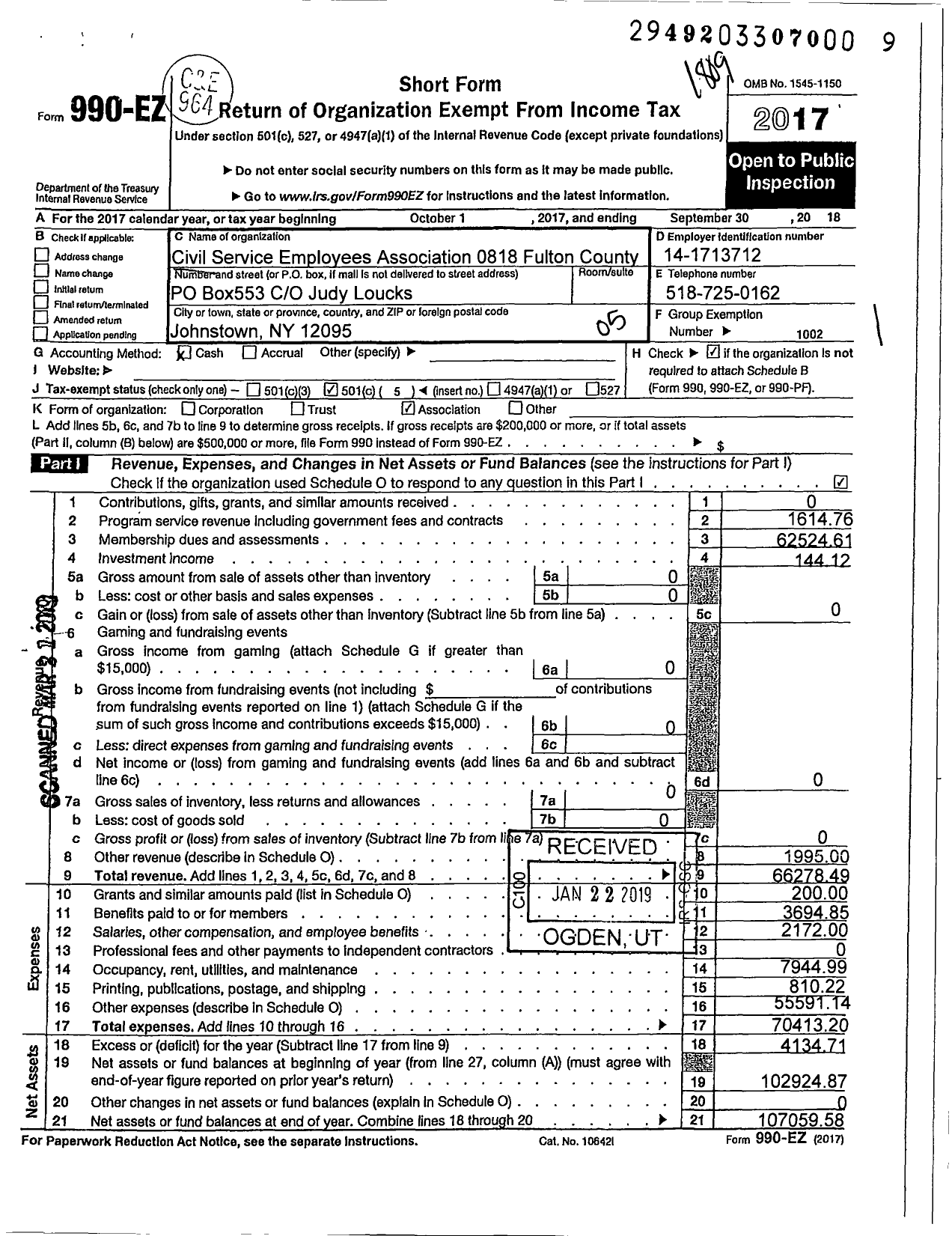 Image of first page of 2017 Form 990EO for CIVIL SERVICE EMPLOYEES ASSOCIATION - 0818 Fulton County