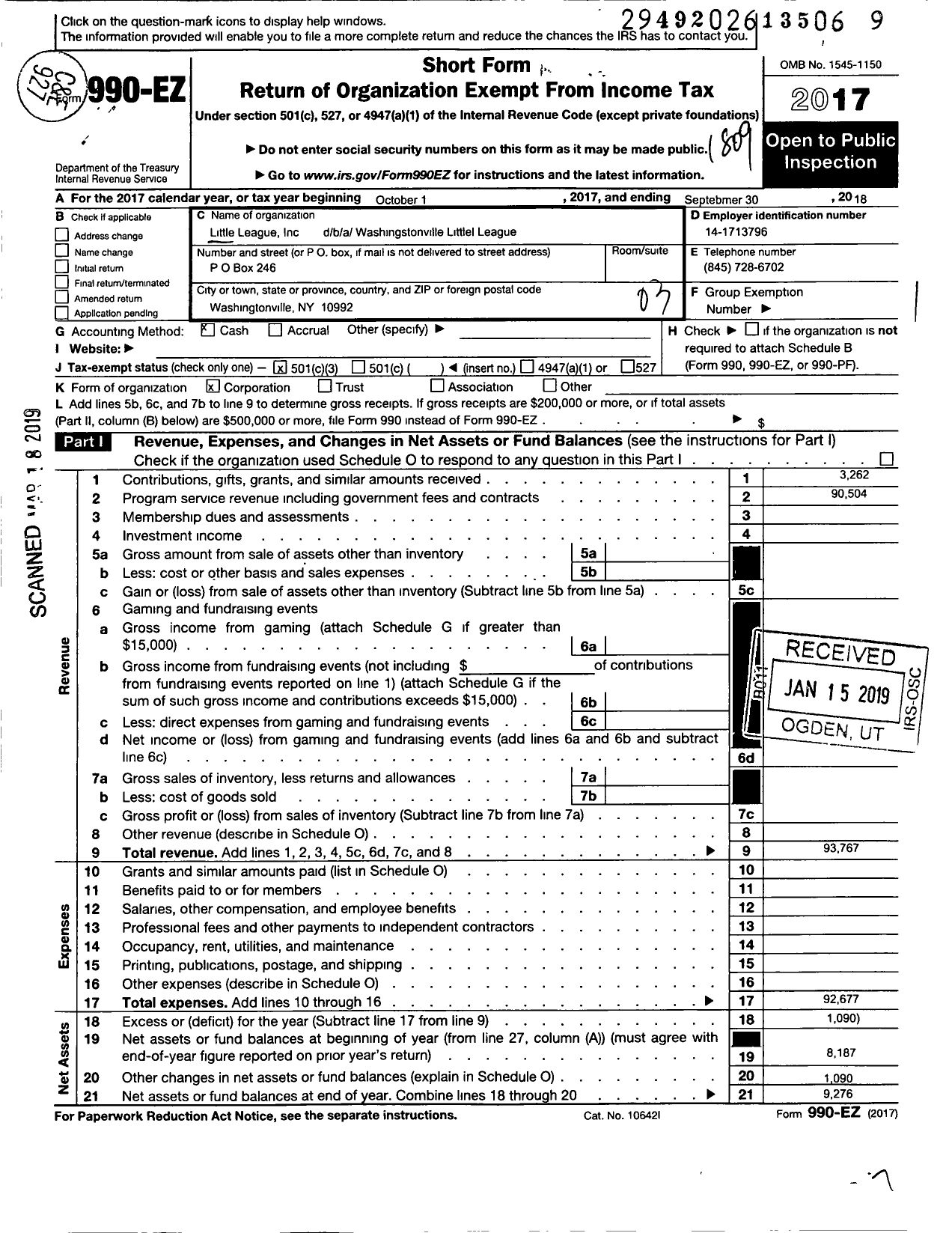 Image of first page of 2017 Form 990EZ for LITTLE League Baseball - 2321921 Washingtonville LL