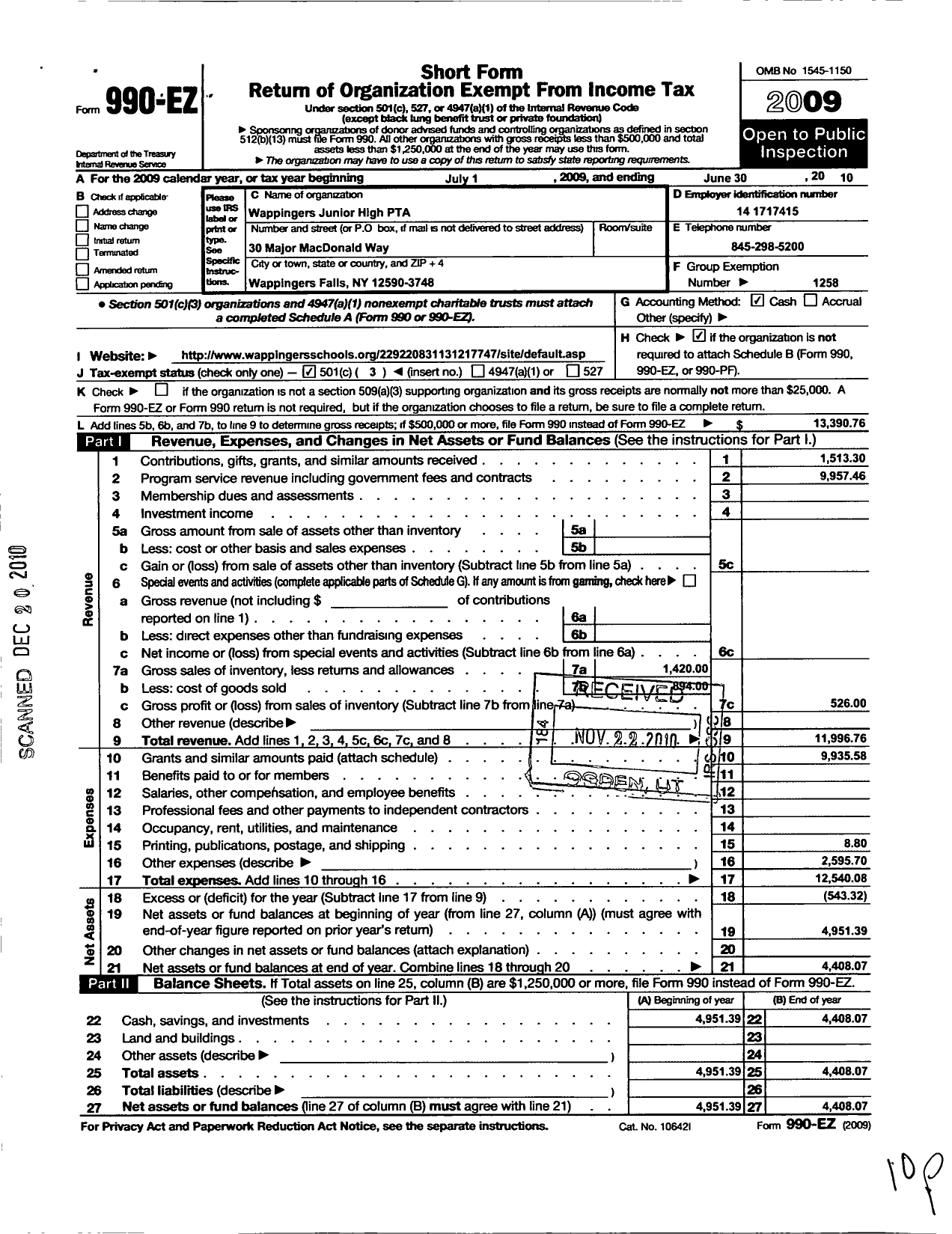 Image of first page of 2009 Form 990EZ for New York State PTA - 17-268 Wappingers Junior High PTA