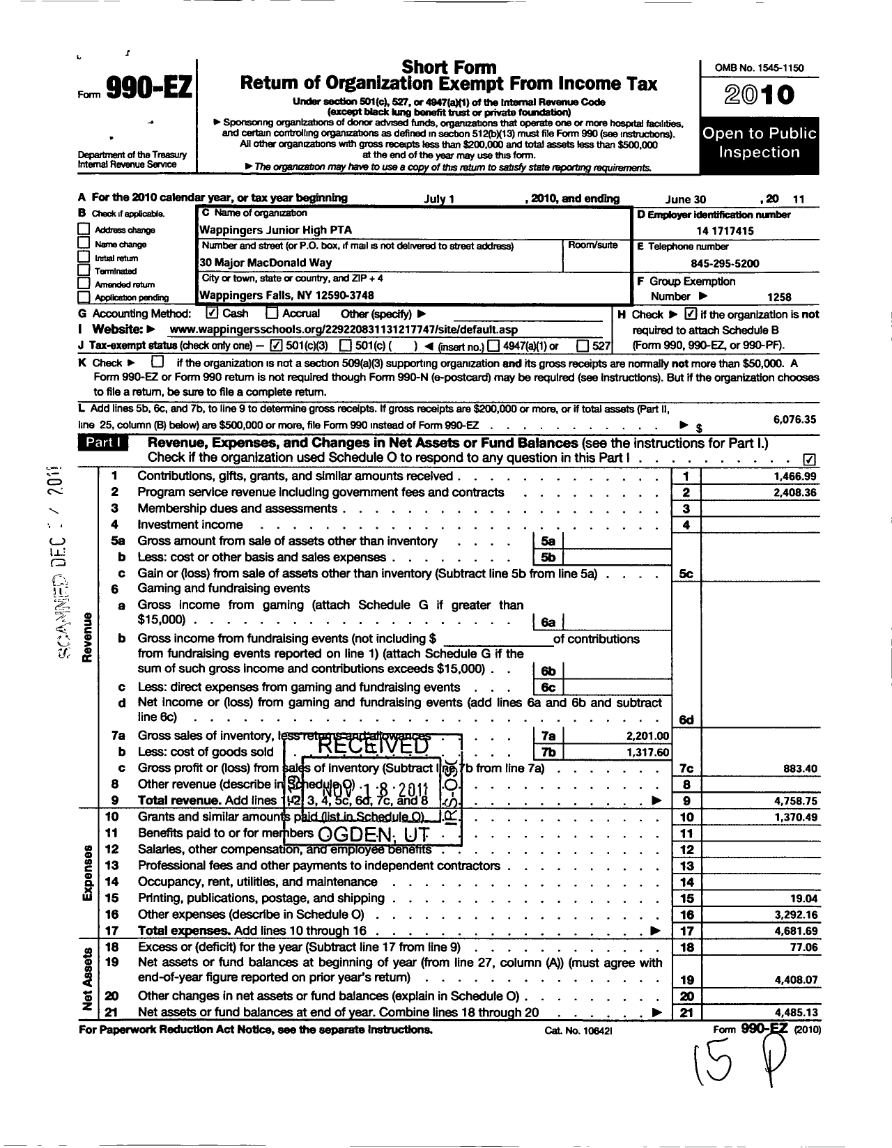 Image of first page of 2010 Form 990EZ for New York State PTA - 17-268 Wappingers Junior High PTA