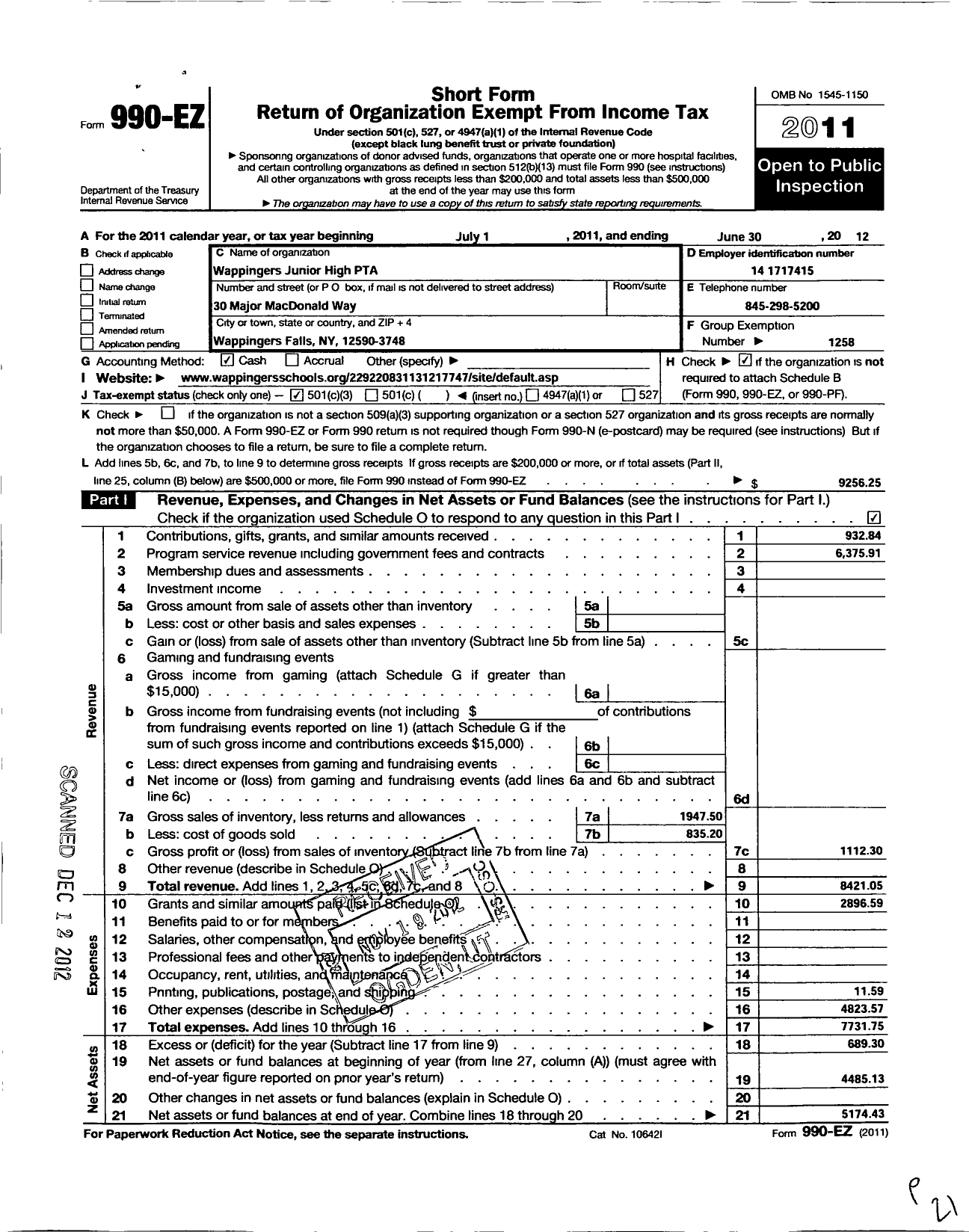 Image of first page of 2011 Form 990EZ for New York State PTA - 17-268 Wappingers Junior High PTA