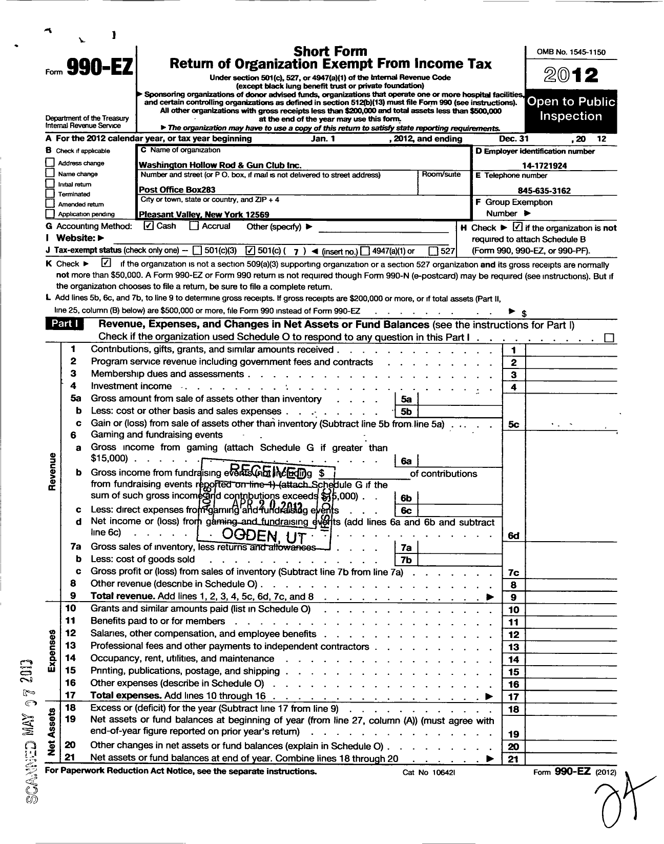 Image of first page of 2012 Form 990EO for Washington Hollow Rod and Gun Club