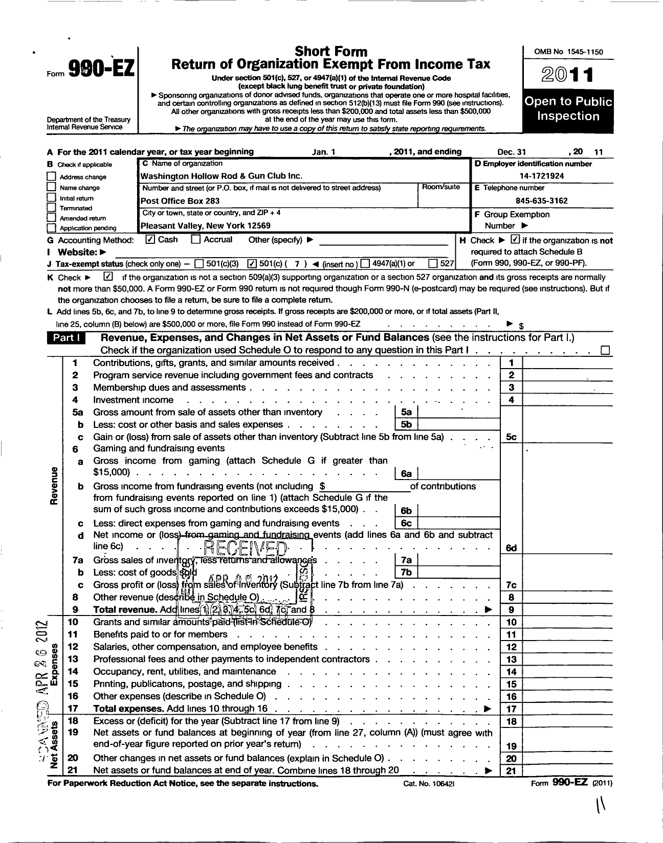 Image of first page of 2011 Form 990EO for Washington Hollow Rod and Gun Club