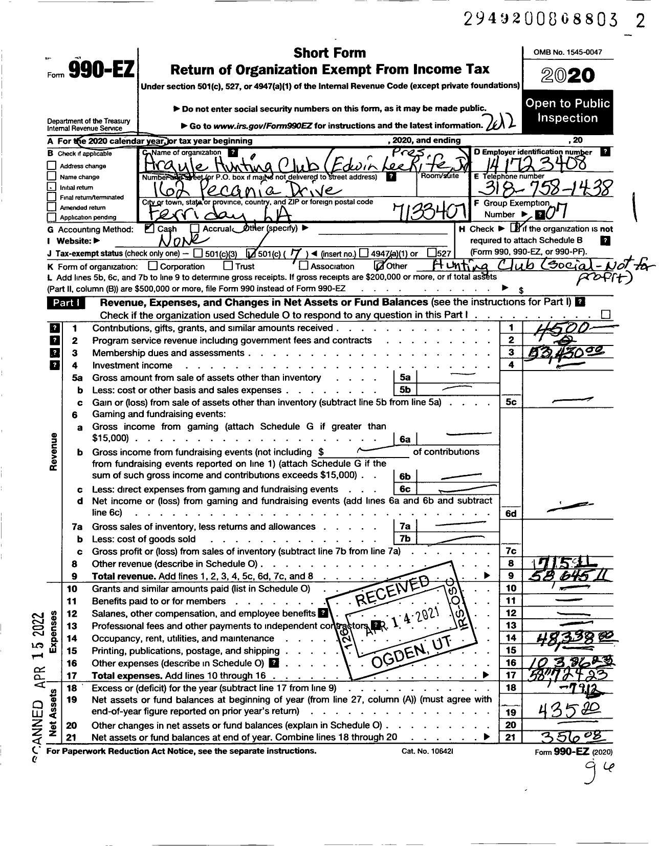 Image of first page of 2020 Form 990EO for Argyle Hunting Club %Lee Rife Jr