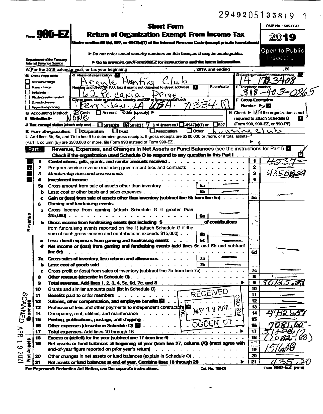 Image of first page of 2019 Form 990EO for Argyle Hunting Club %Lee Rife Jr