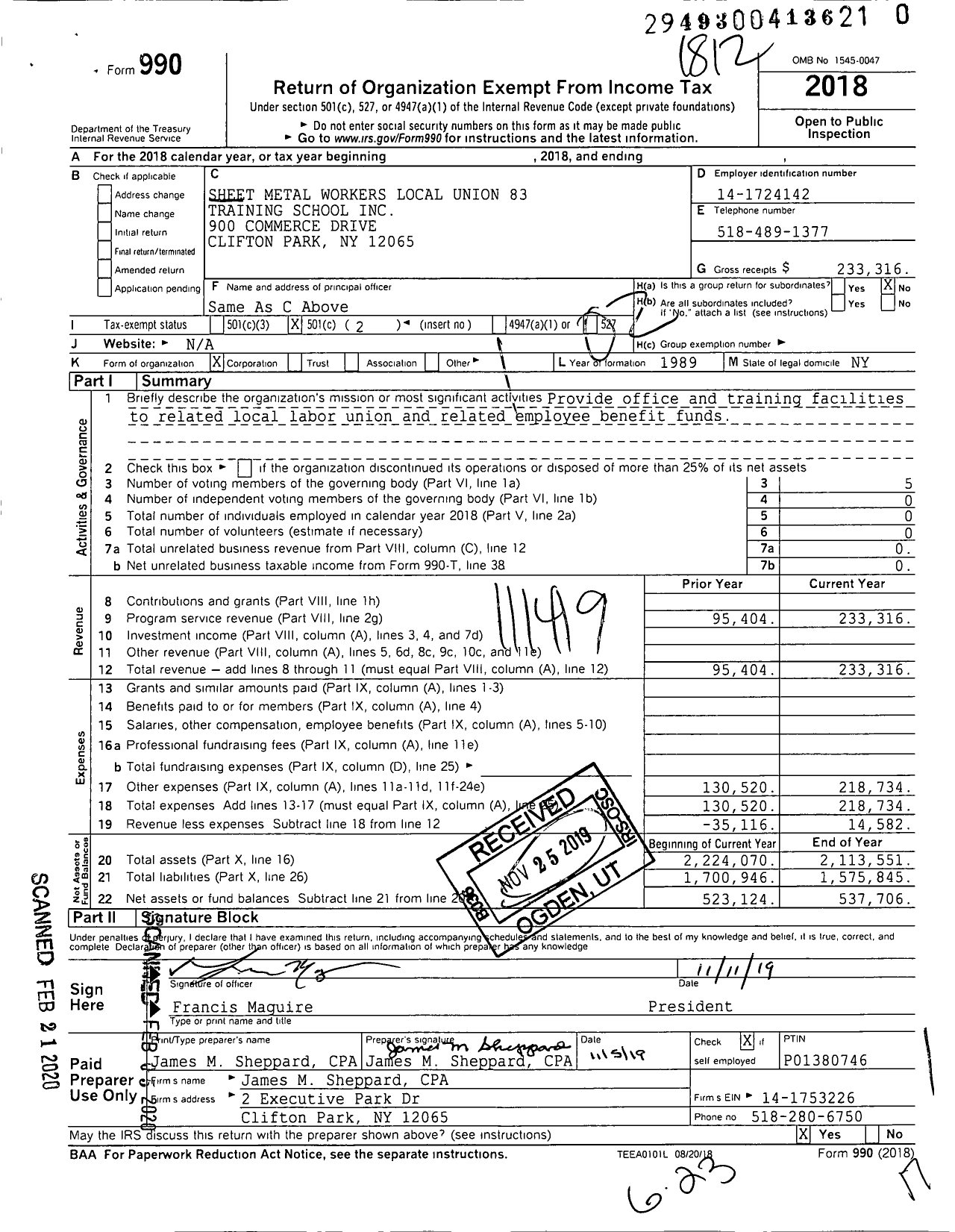 Image of first page of 2018 Form 990O for The Sheet Metal Workers Local Union 83 Training School