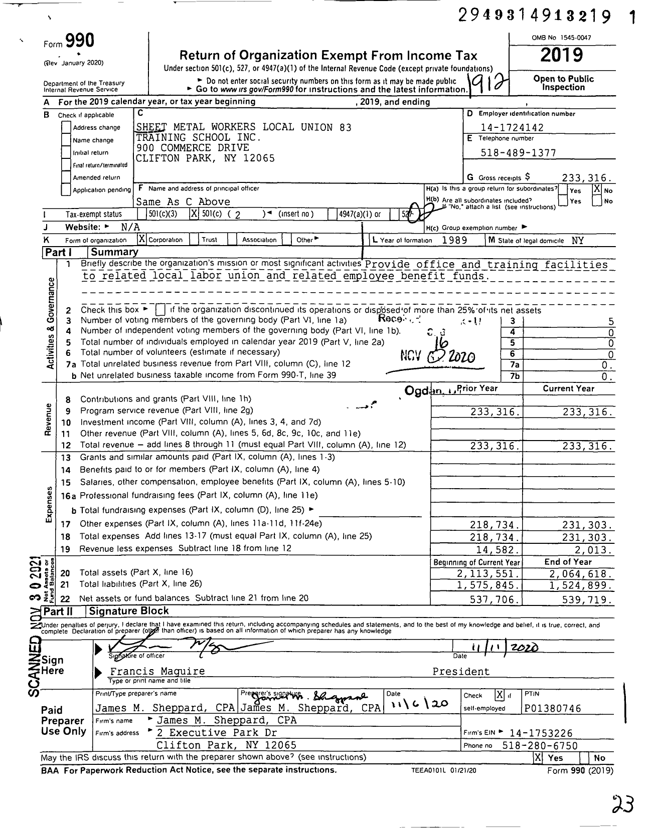 Image of first page of 2019 Form 990O for The Sheet Metal Workers Local Union 83 Training School