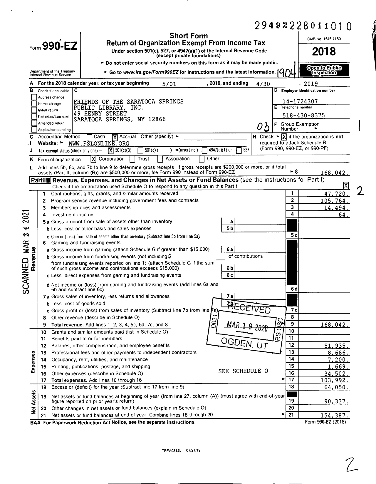 Image of first page of 2018 Form 990EZ for Friends of the Saratoga Springs Public Library