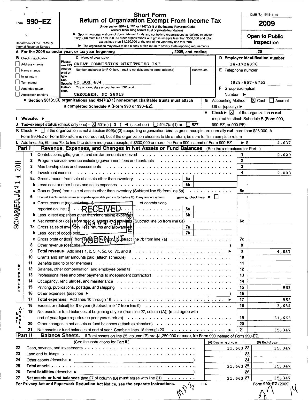 Image of first page of 2009 Form 990EZ for Great Commission Ministries International (GCMI)