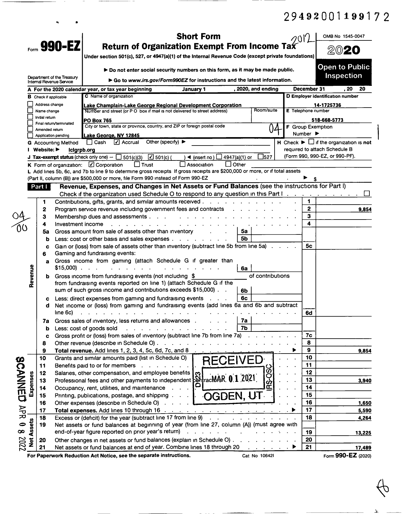 Image of first page of 2020 Form 990EO for Lake Champlain-Lake George Regional Development Corporation