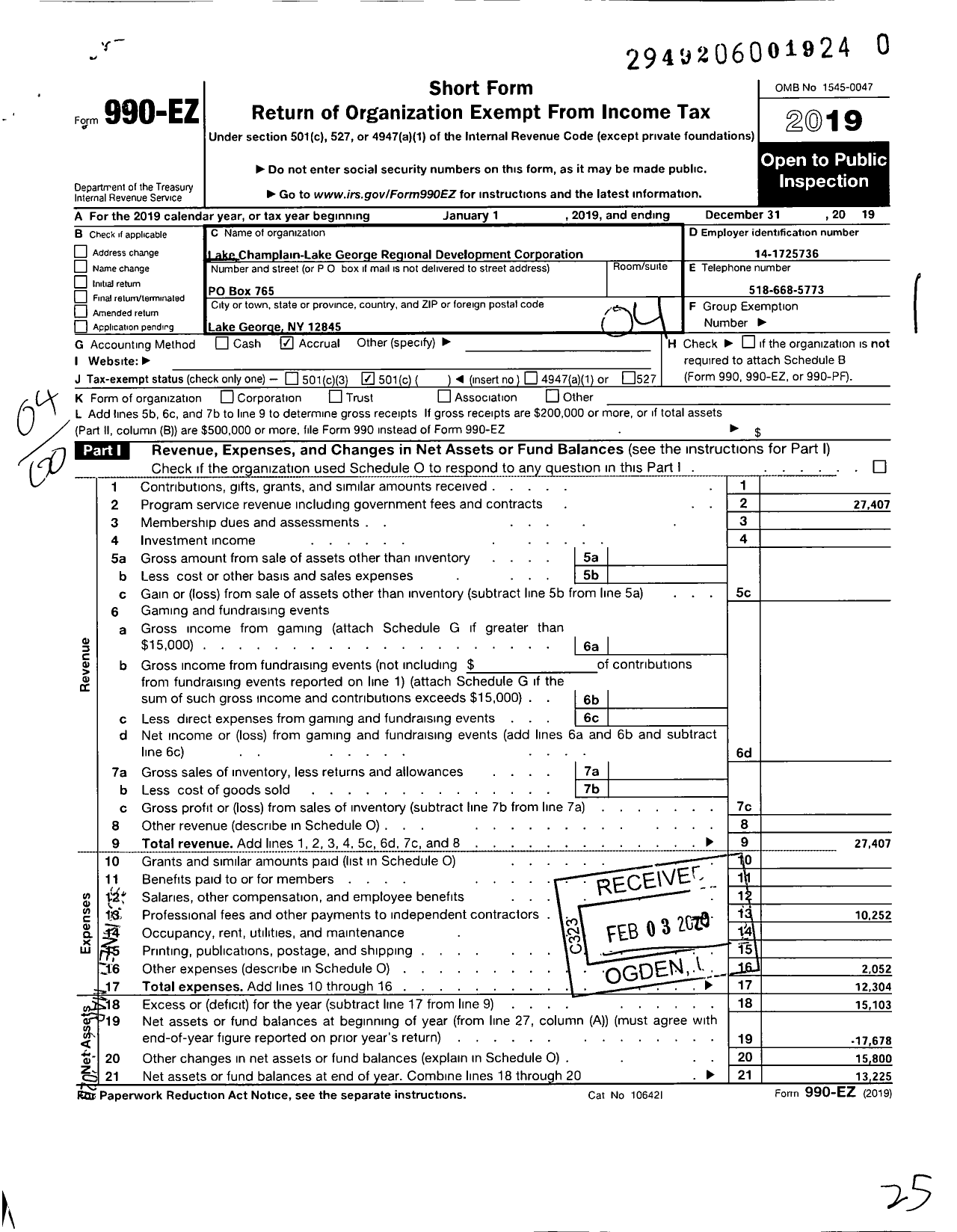 Image of first page of 2019 Form 990EO for Lake Champlain-Lake George Regional Development Corporation