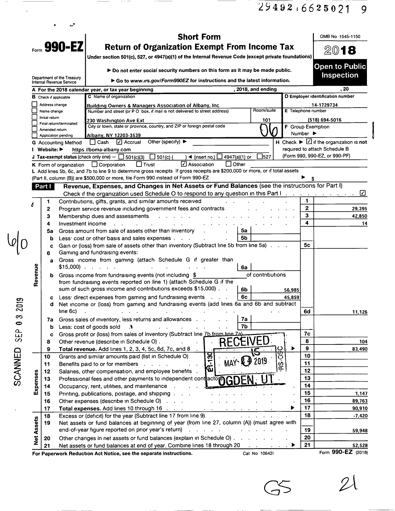 Image of first page of 2018 Form 990EO for Building Owners and Managers Association of Albany