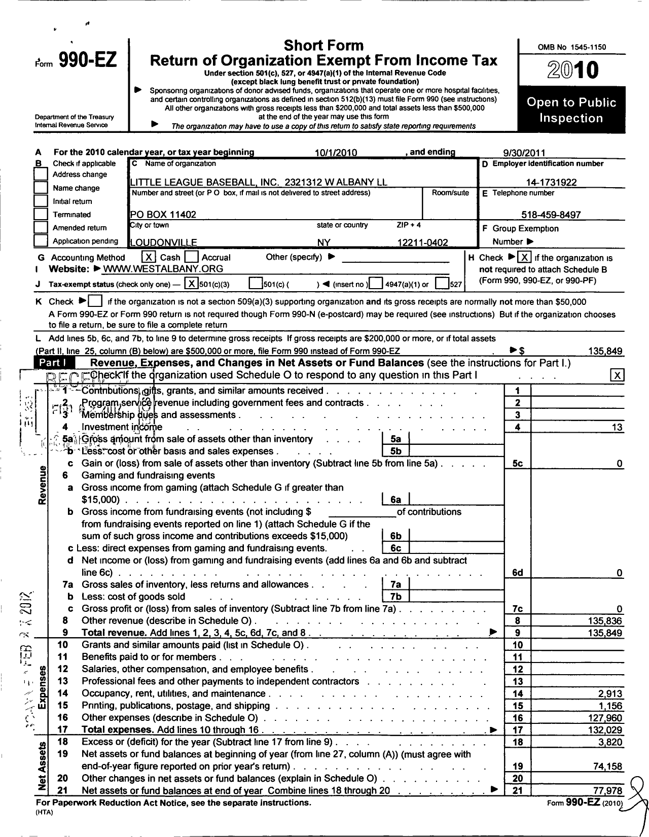 Image of first page of 2010 Form 990EZ for West Albany Athletic Association