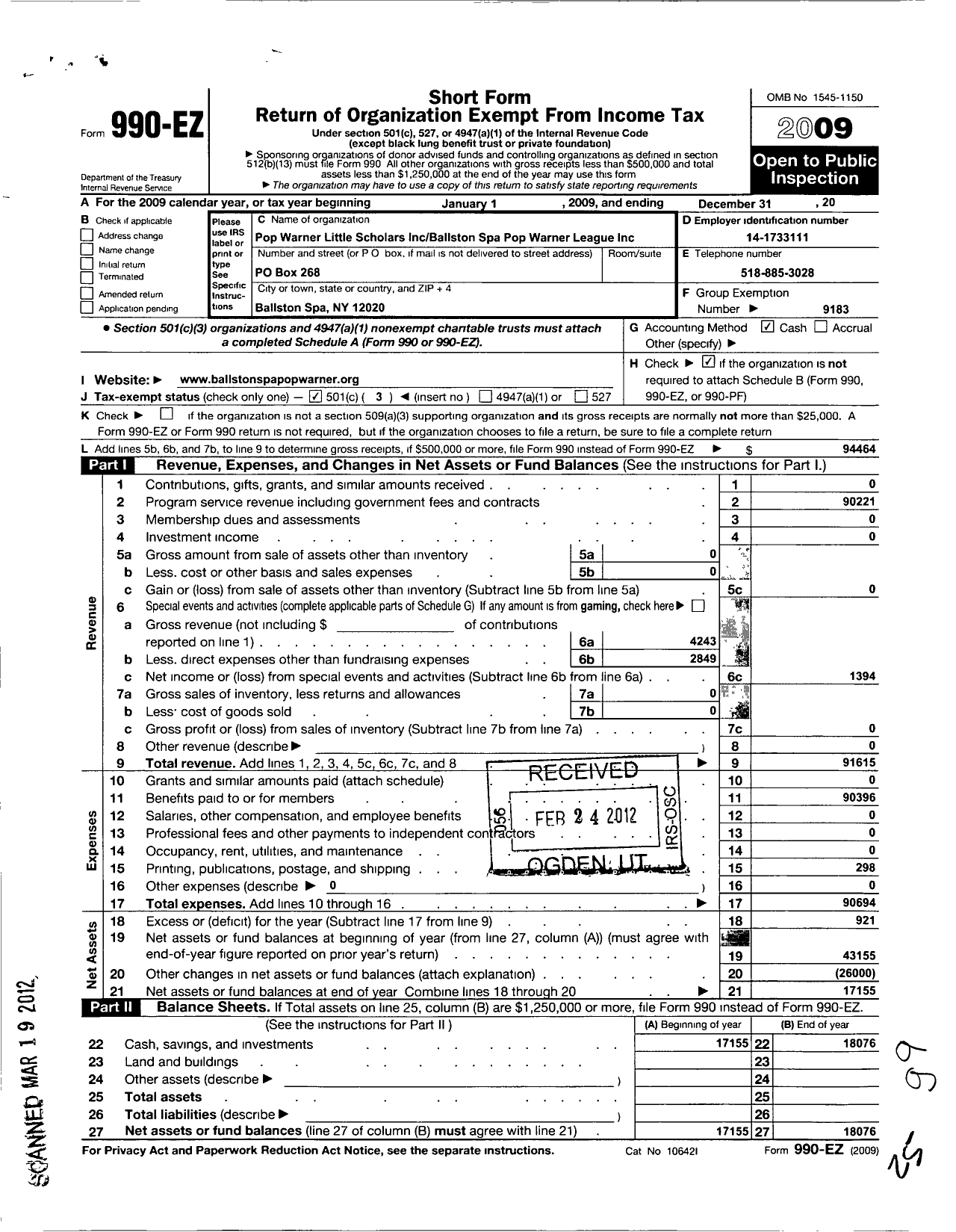 Image of first page of 2009 Form 990EZ for Ballston Spa Pop Warner