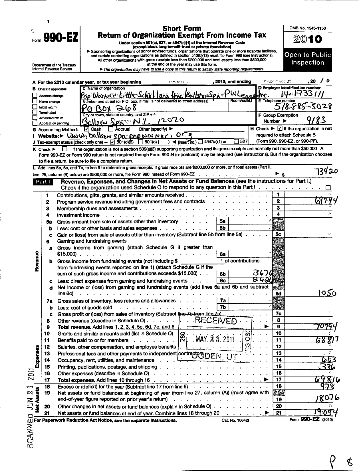 Image of first page of 2010 Form 990EZ for Ballston Spa Pop Warner