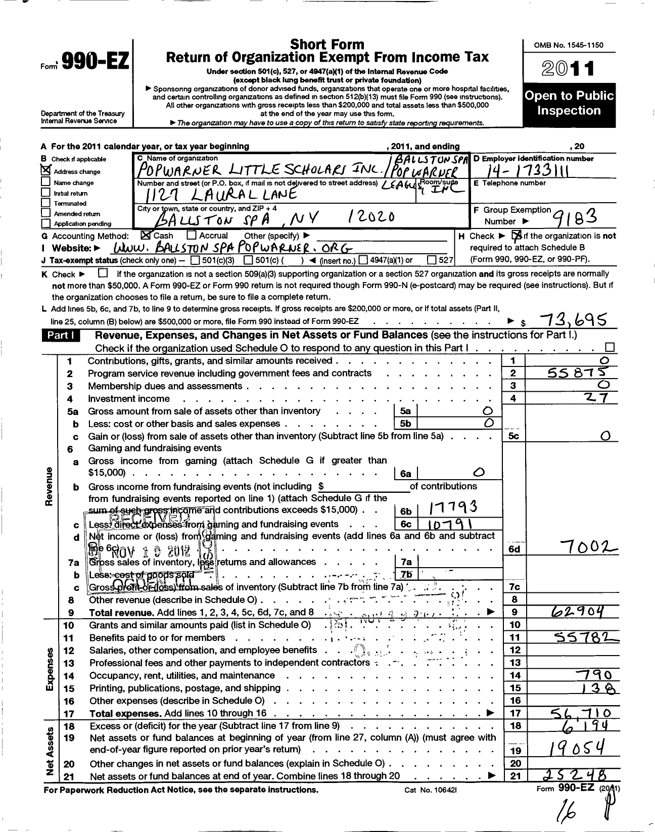 Image of first page of 2011 Form 990EO for Ballston Spa Pop Warner