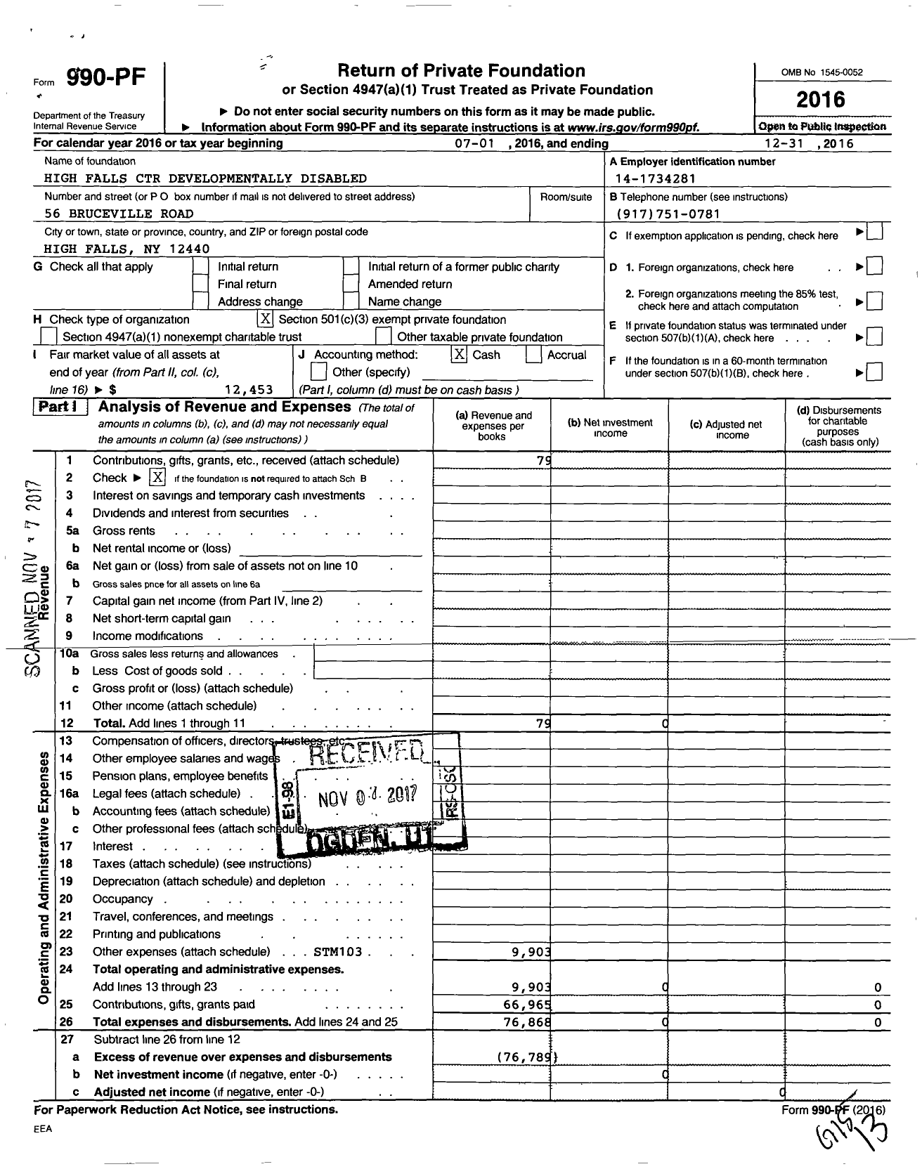 Image of first page of 2016 Form 990PF for High Falls Center Developmentally Disabled