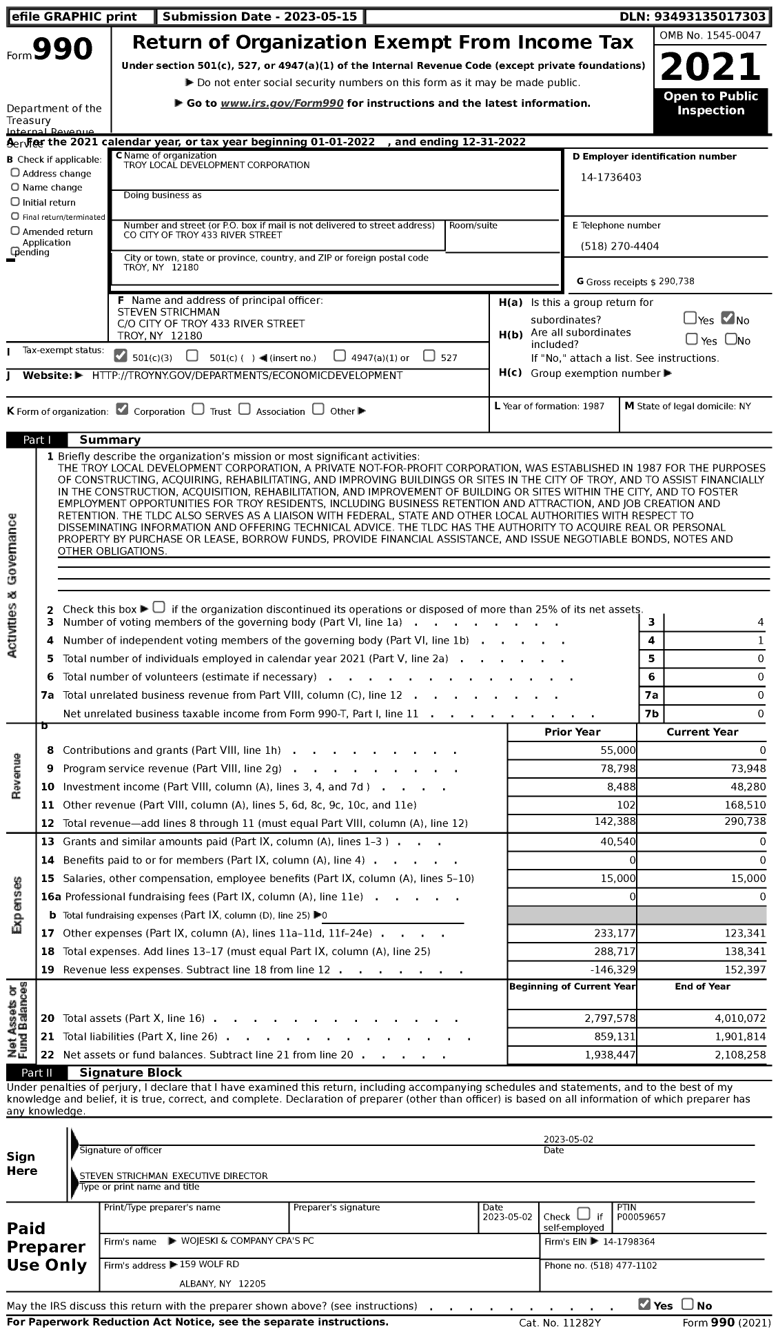 Image of first page of 2022 Form 990 for Troy Local Development Corporation