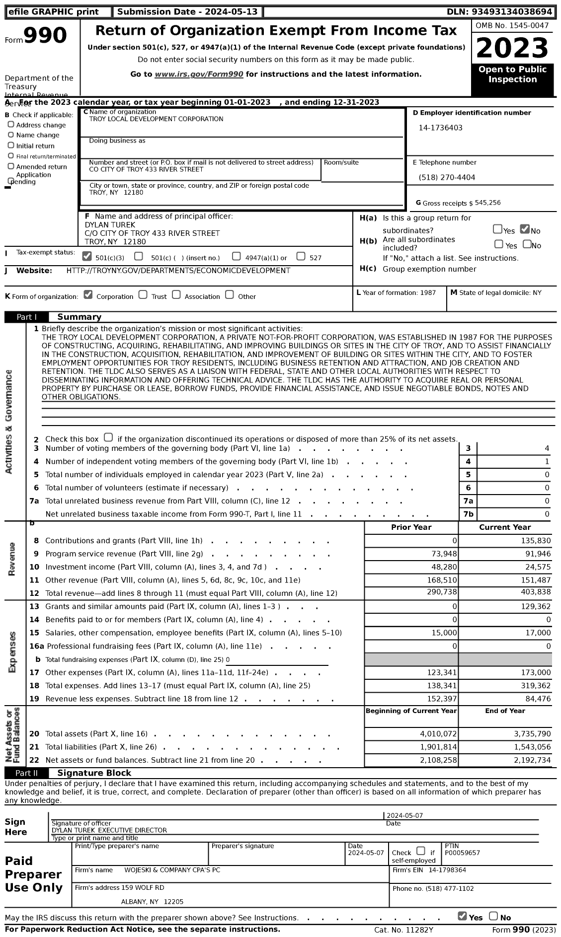 Image of first page of 2023 Form 990 for Troy Local Development Corporation