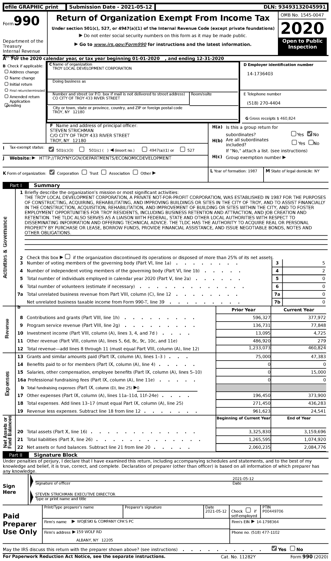 Image of first page of 2020 Form 990 for Troy Local Development Corporation