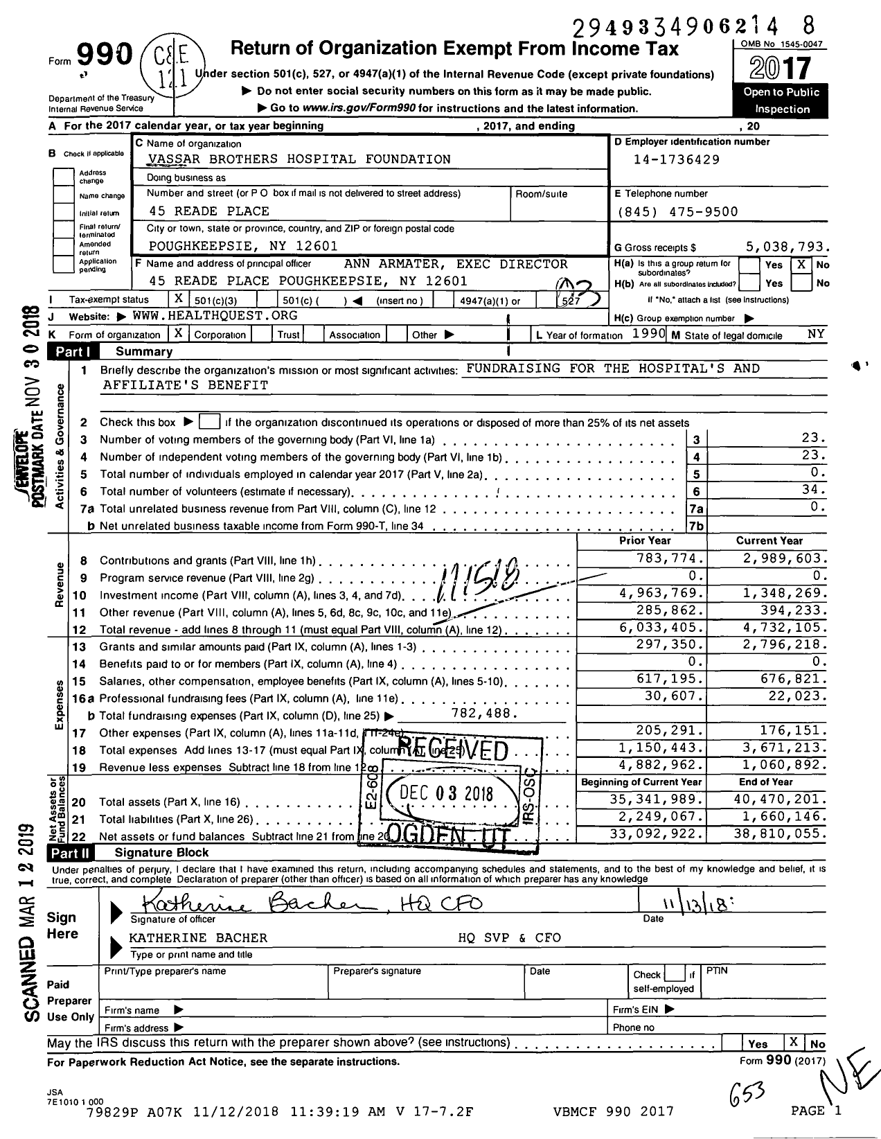 Image of first page of 2017 Form 990 for Vassar Brothers Medical Center Foundation