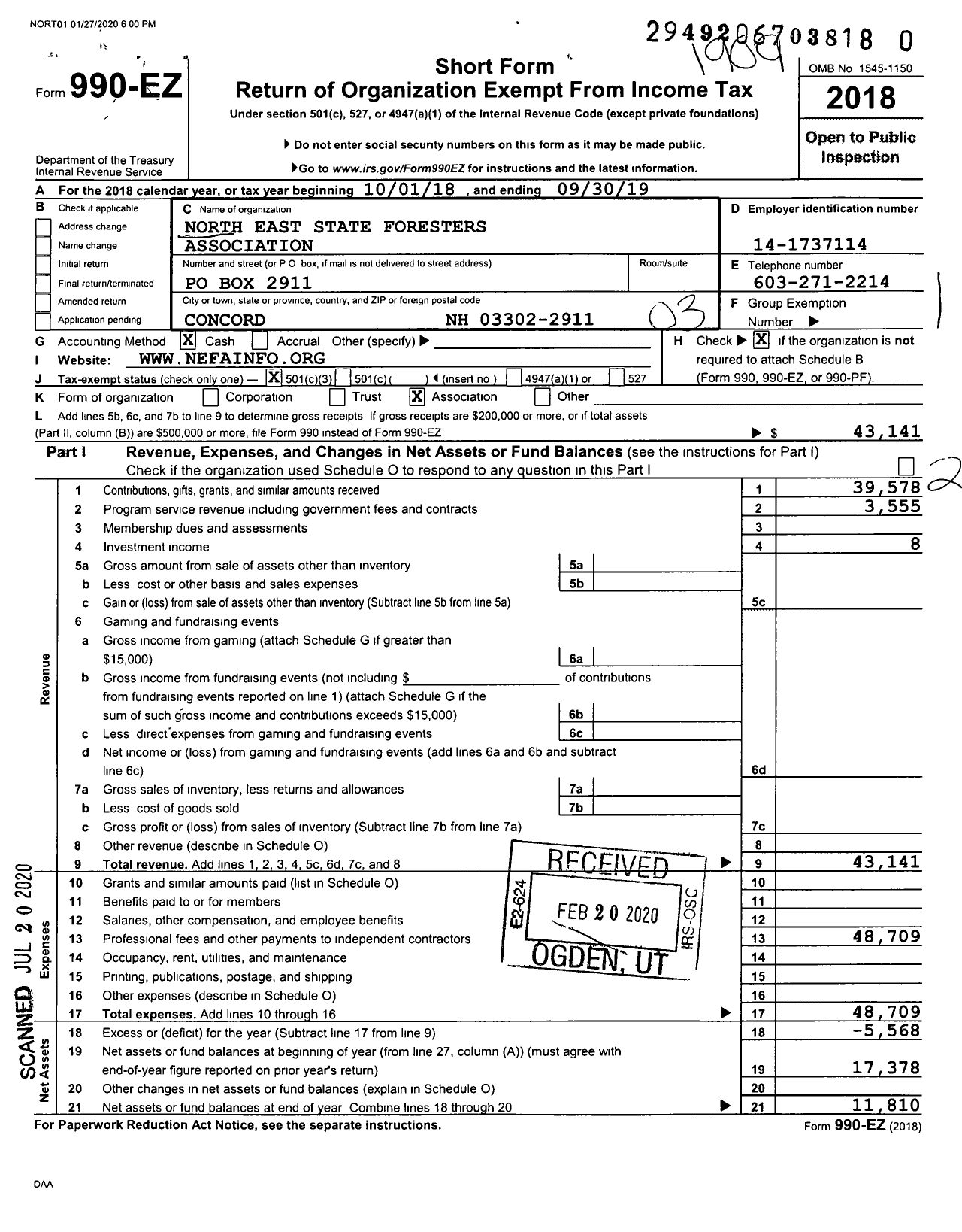 Image of first page of 2018 Form 990EZ for North East State Foresters Association