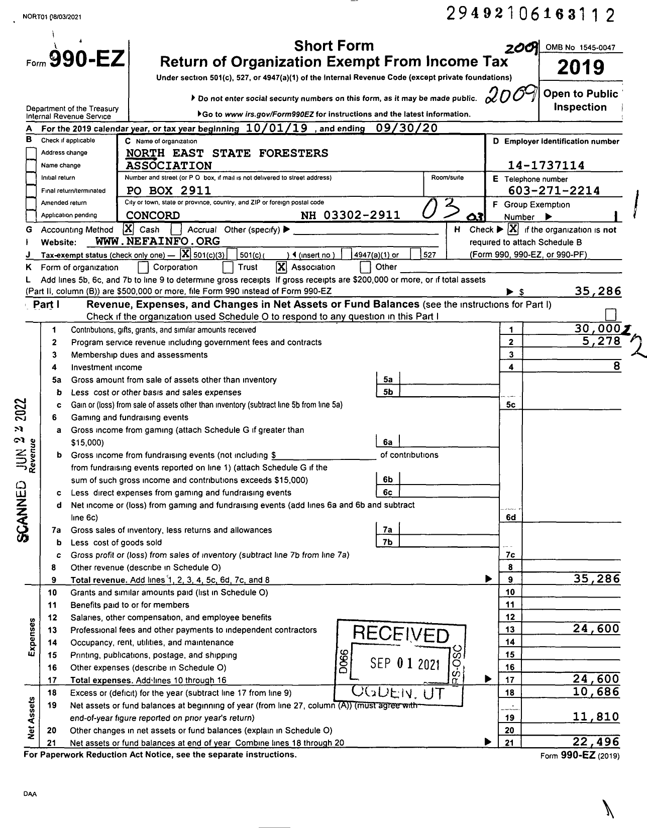 Image of first page of 2019 Form 990EZ for North East State Foresters Association